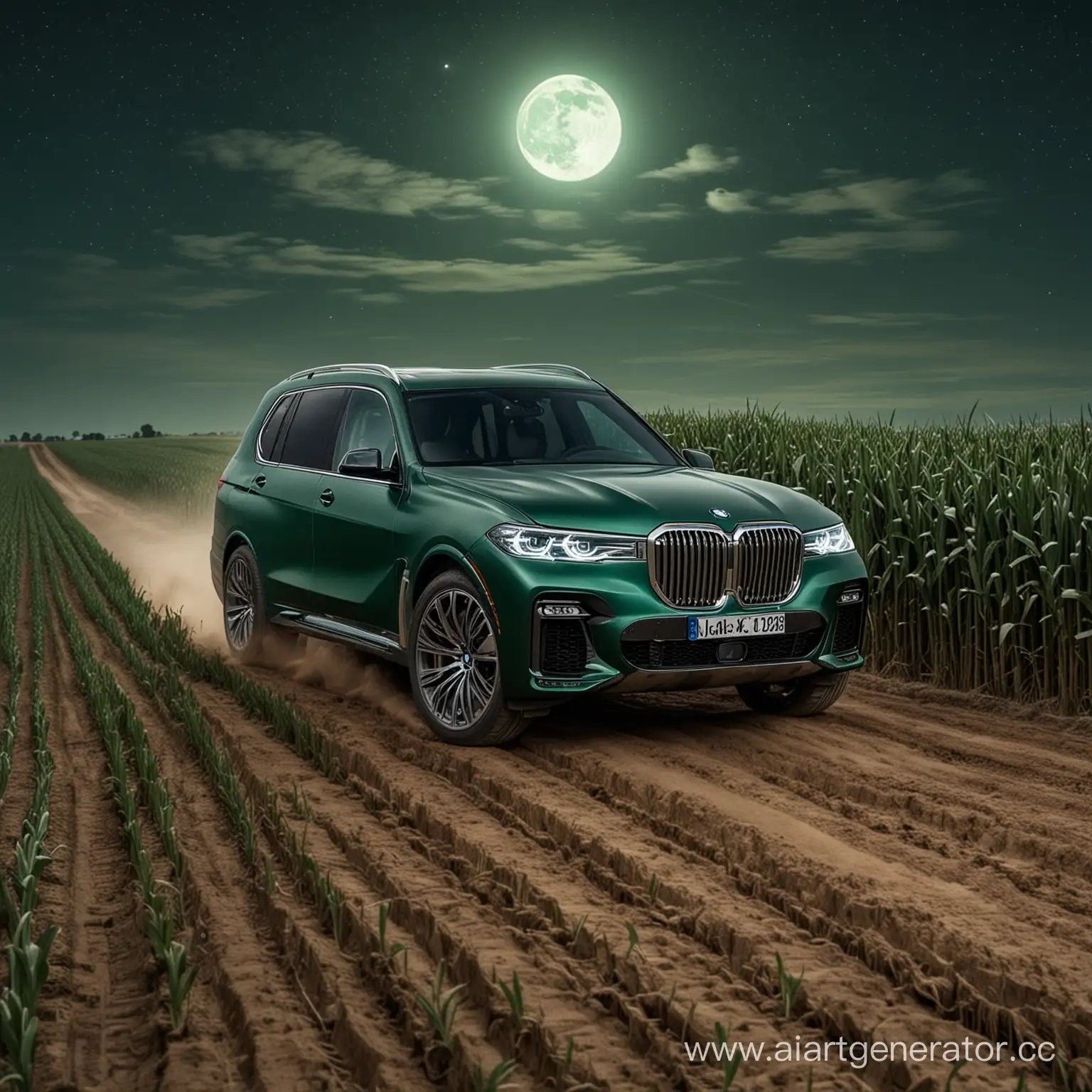 Emerald-Matte-BMW-X7-Driving-Through-Cornfield-Under-Full-Moon