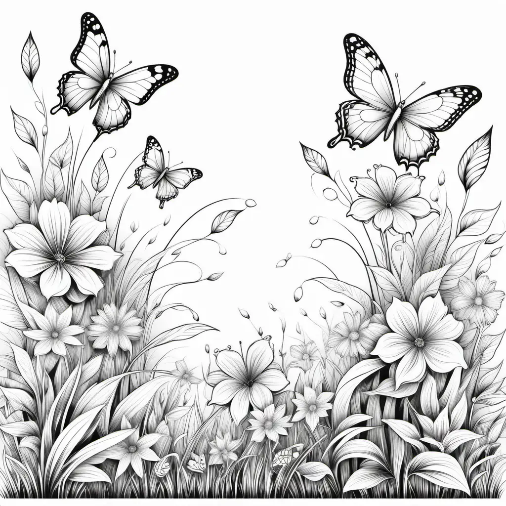 Black and White Coloring Page with Delicate Line Art Butterflies in a Field of Flowers