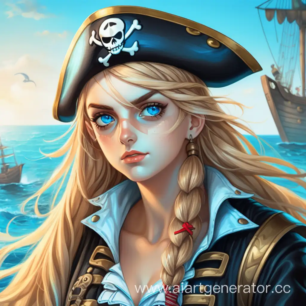 девушка пират со светлыми волосами и голубыми глазами на фоне моря

