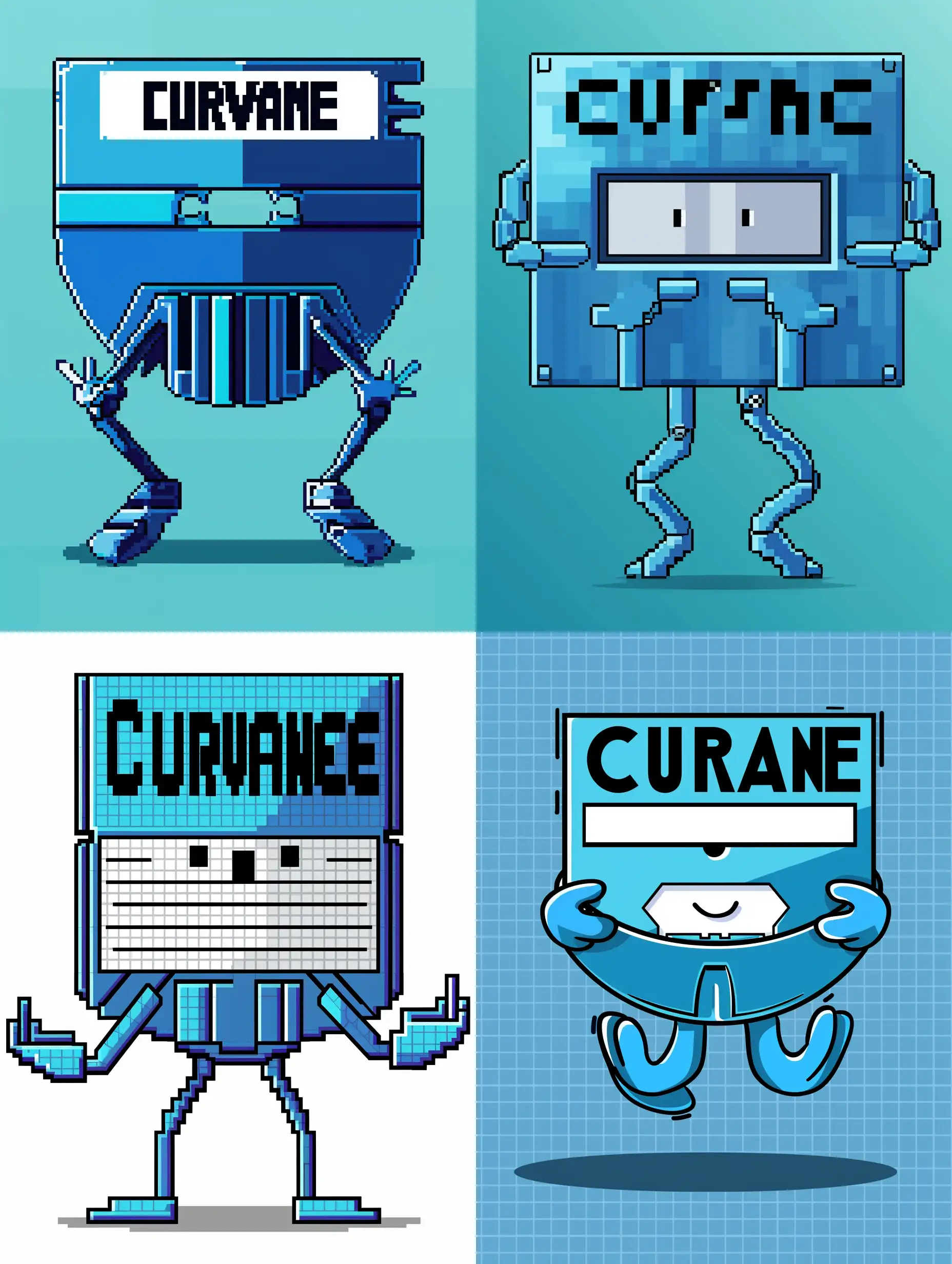 "Generate a cheerful pixel art illustration of a personified floppy disk characterized by cartoonish hands and legs, featuring blue color tones. Incorporate the word "Curvance" with bold and black style arranged on the label in a clear font. The first part of the word "CUR" will be on the top, and the second part of the word "VANCE" will be on the bottom. Ensure the overall design exudes a minimalist and pixelated aesthetic."