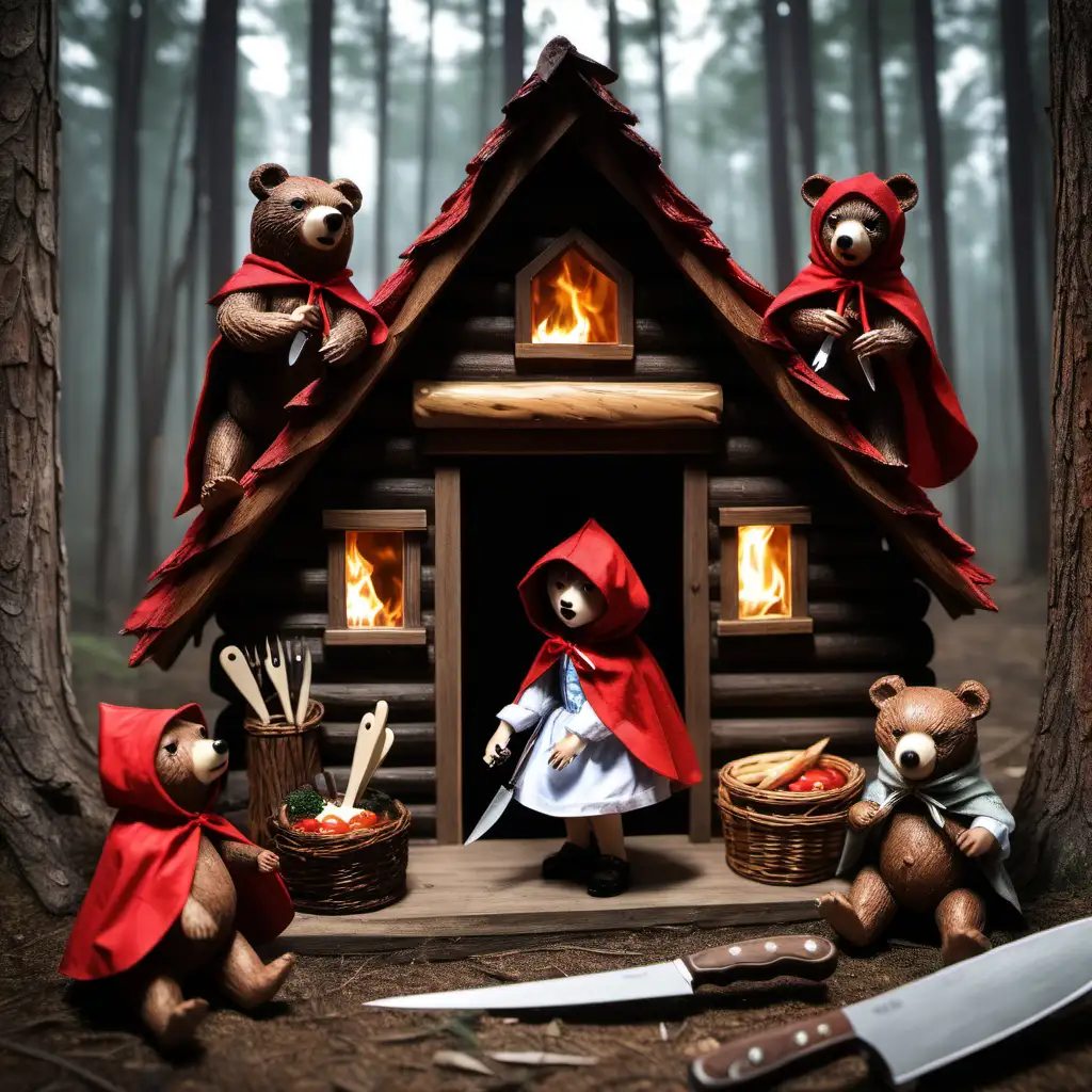 Enchanting Encounter Three Bears Cabin in the Woods with Little Red Riding Hood and Hungry Knives by the Fire