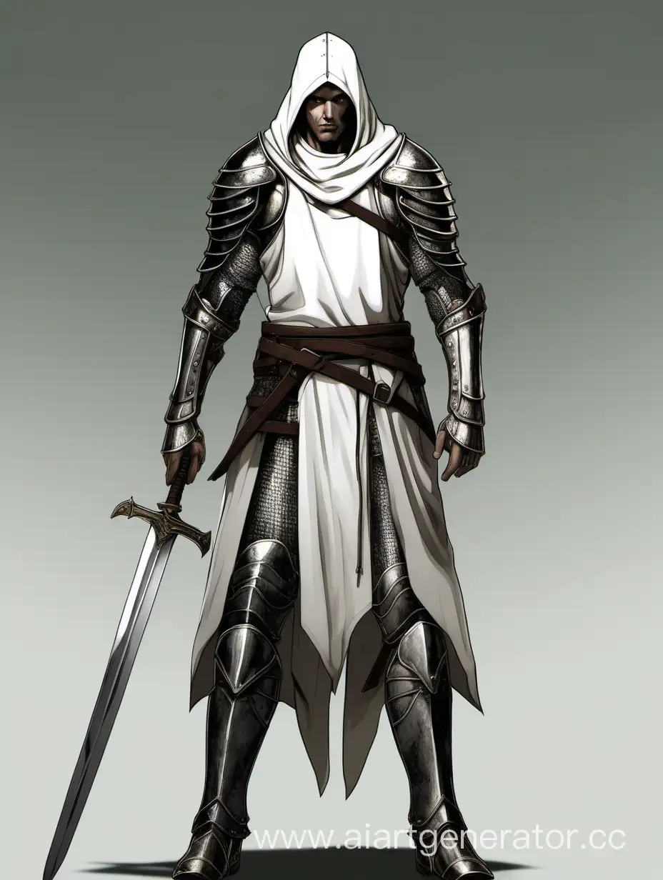 white 30 years old human male, holding long sword, he is wearing light cloth and metal armour, his colours are dark
