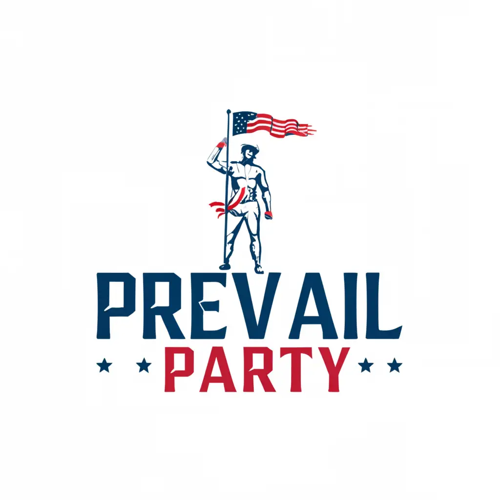 a logo design,with the text "Prevail Party", main symbol:man standing with American flag,Moderate,clear background