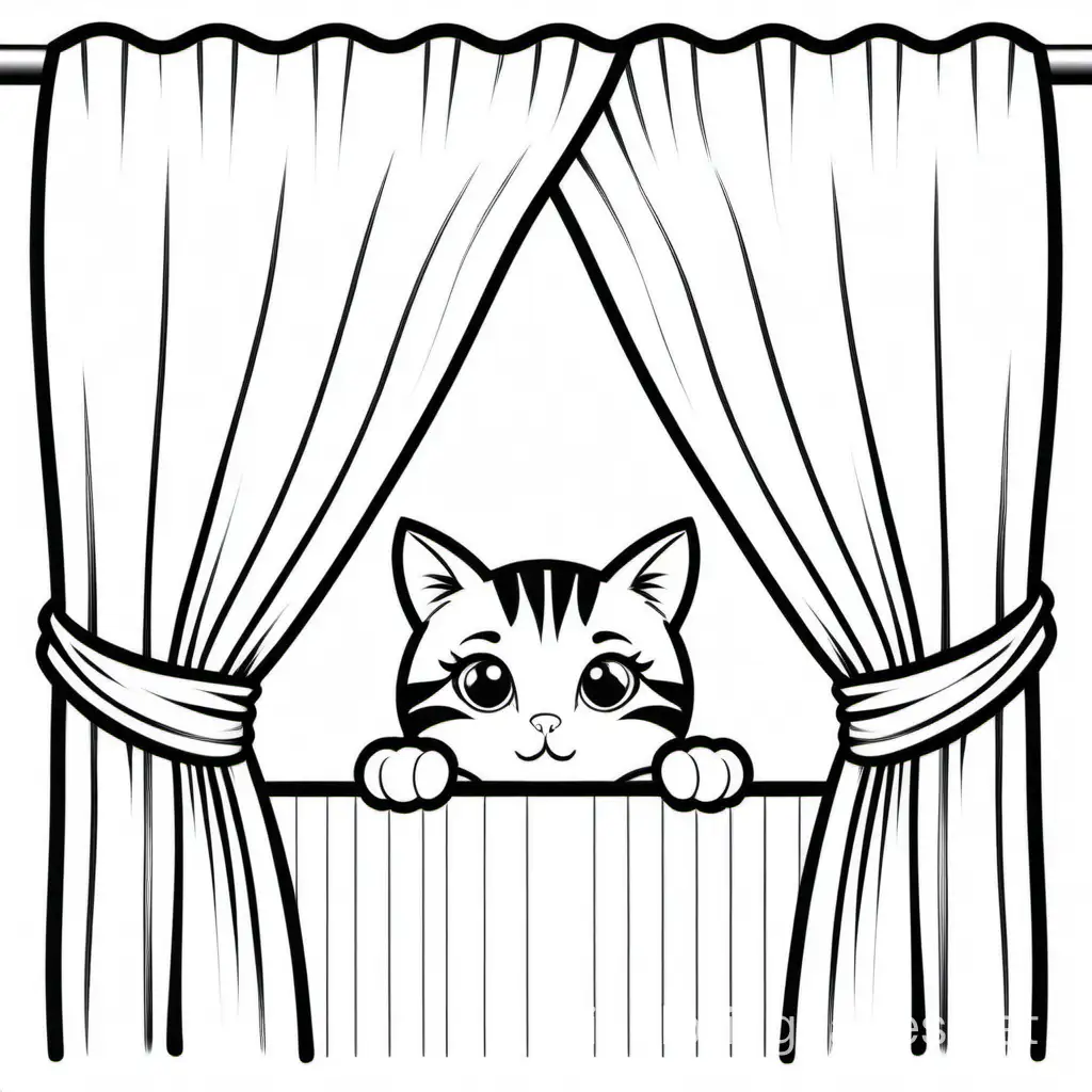 A cat hiding behind a curtain, Coloring Page, black and white, line art, white background, Simplicity, Ample White Space. The background of the coloring page is plain white to make it easy for young children to color within the lines. The outlines of all the subjects are easy to distinguish, making it simple for kids to color without too much difficulty