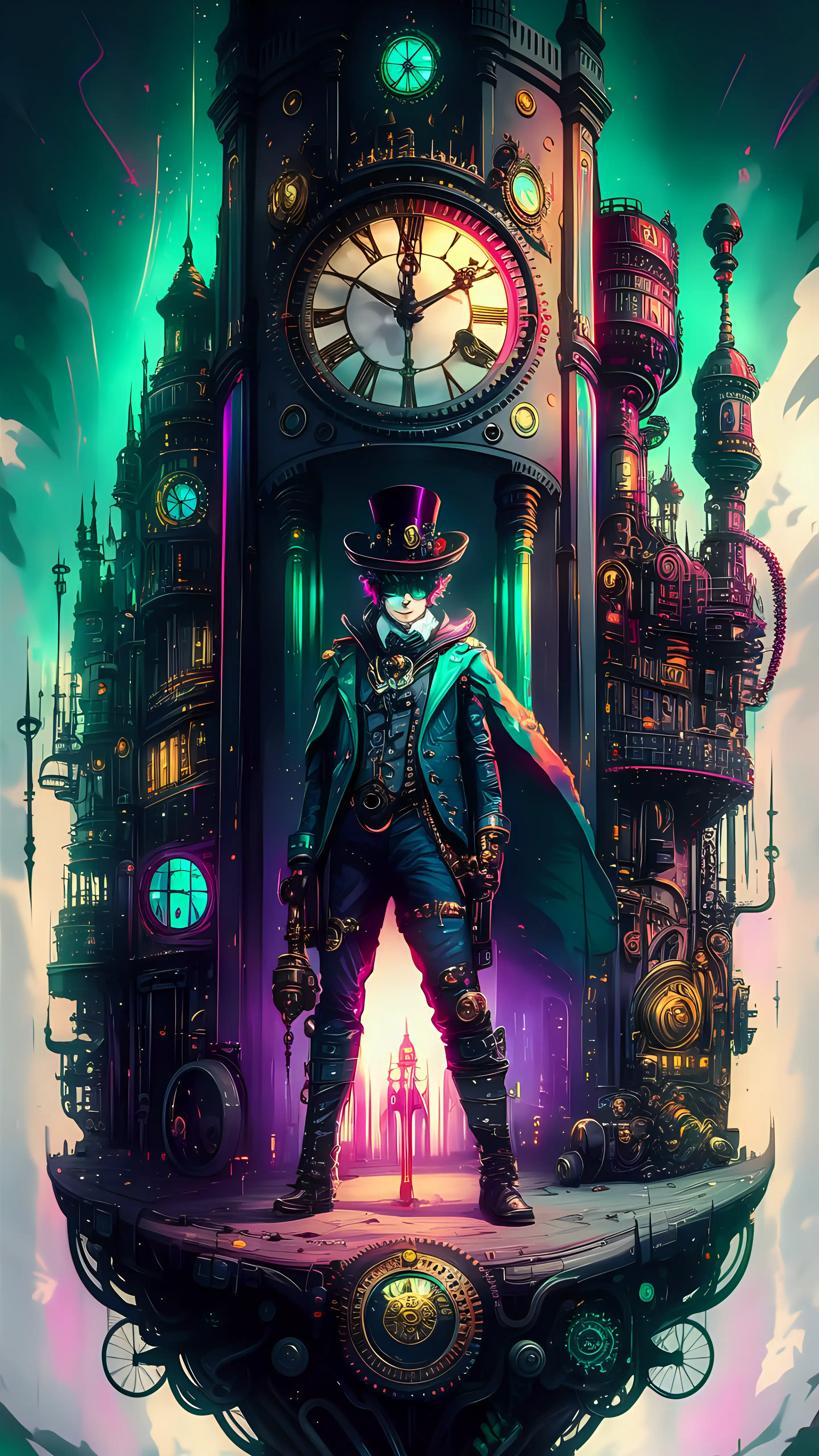 steampunk style vivid iridescent colors, clock tower steampunk character, steampunk city background