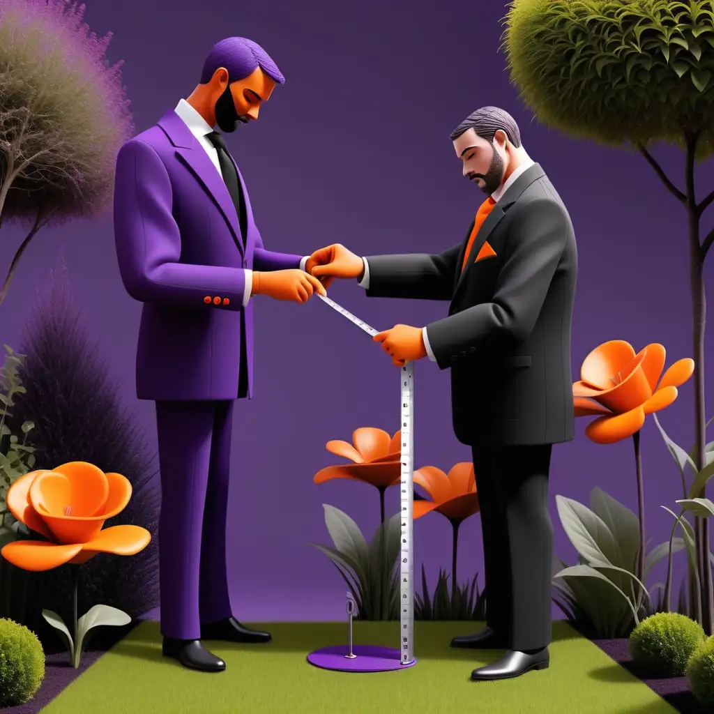 artistic graphic of 
A tailor using a tap measure to measure a suit for his customer 
In a garden 
purple orange and black background