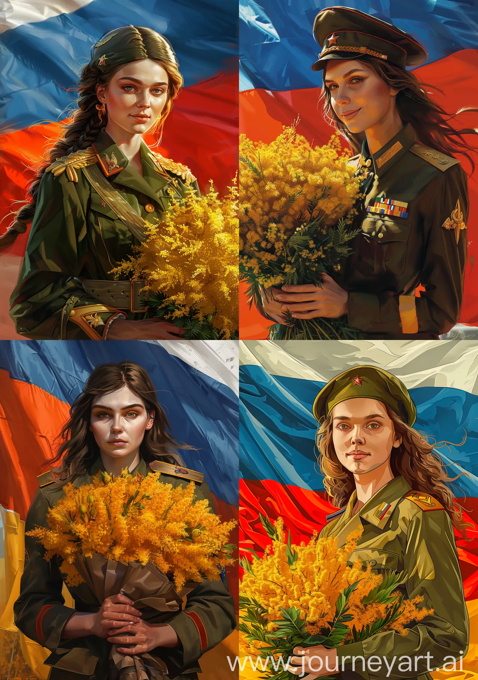 Russian-Military-Woman-Holding-Mimosa-Bouquet-Against-Flag-Background