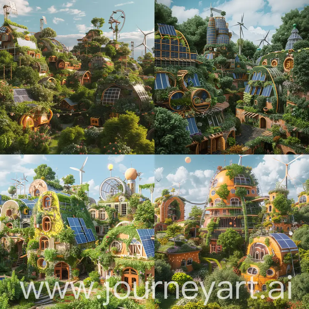 Design a 3D solarpunk sanctuary that embraces sustainable architecture and renewable energy sources. Imagine a vibrant community with buildings covered in lush gardens, solar panels, and wind turbines. Infuse the scene with a sense of optimism, showcasing how architecture can coexist harmoniously with nature and technology.