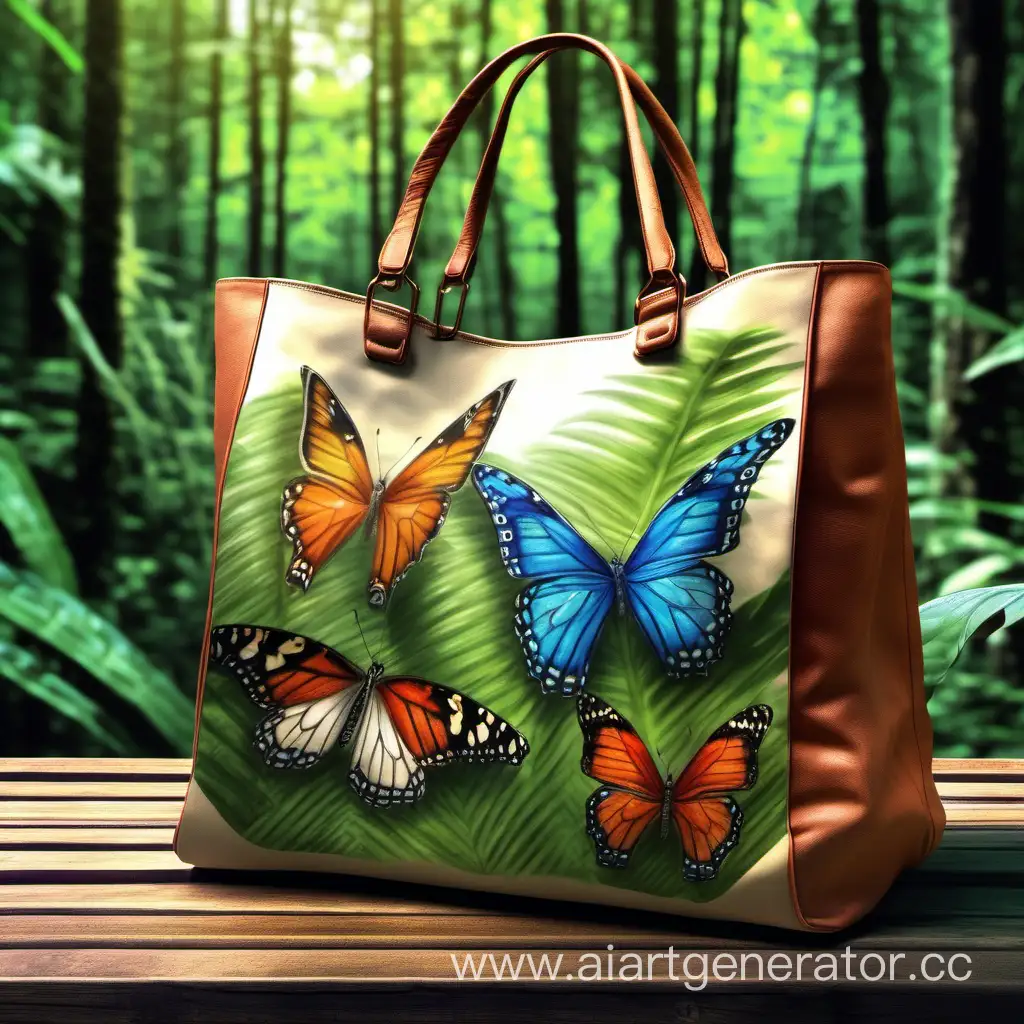 Нарисуй прикольный арт на женской сумке в виде тропических бабочек. Су4мка стоит на столе в лесу. Погода теплая, ясная. 