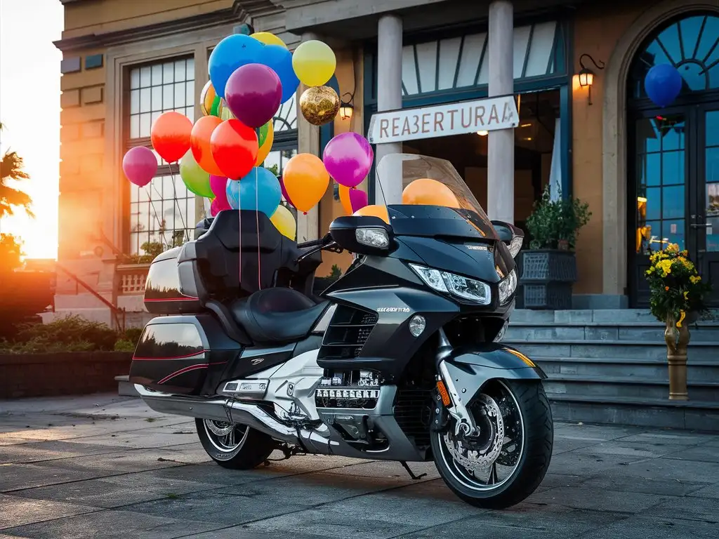 Honda Goldwing DCT Tour motorcycle with balloons and with a text message "Reabertura"