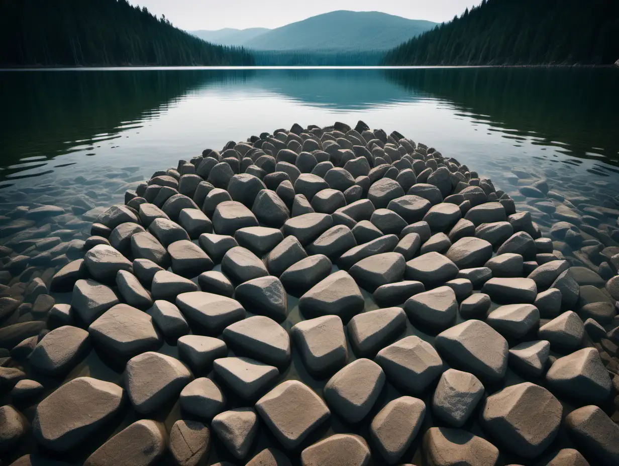 Converging Shoreline Rocks Forming a Point in Lake MUSE AI