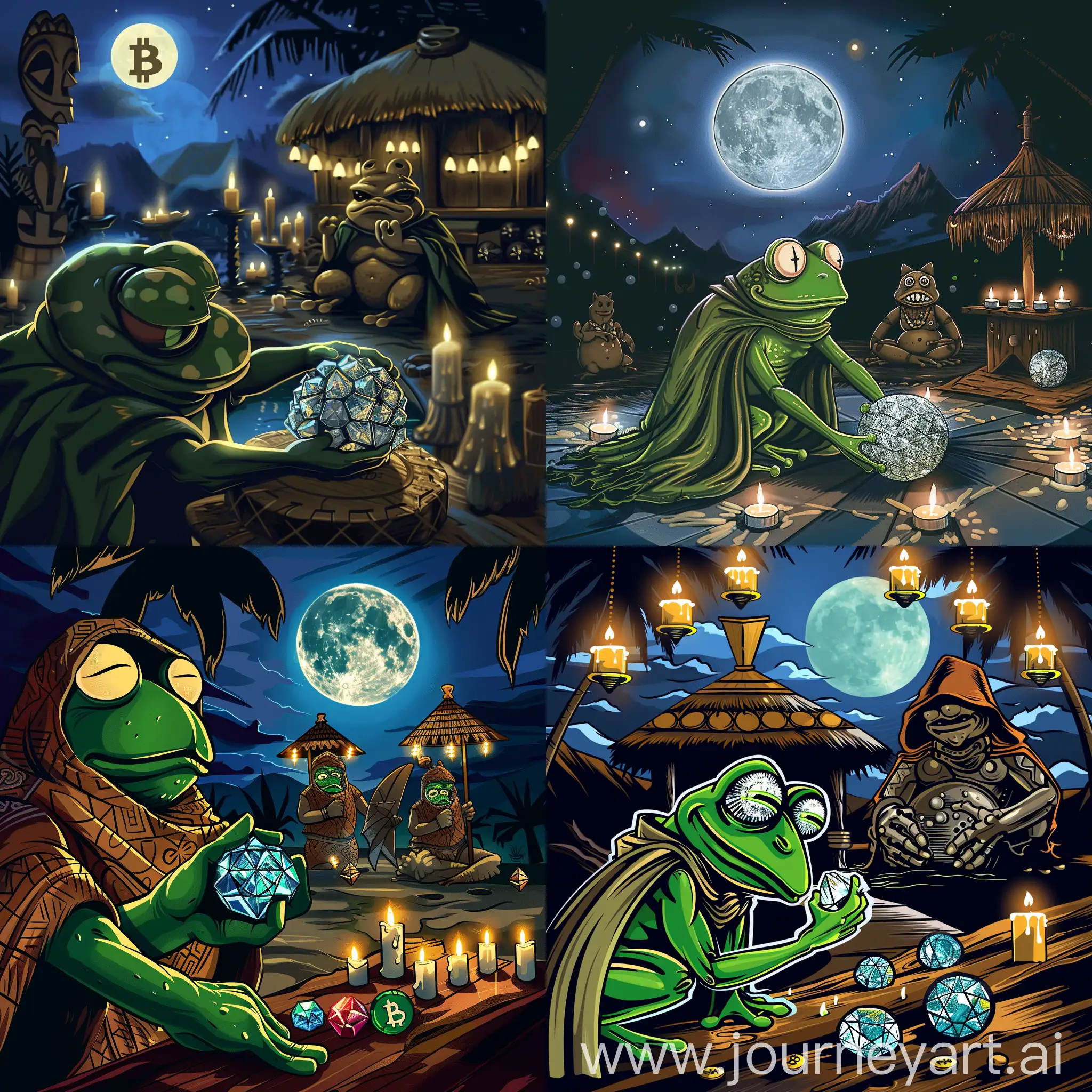 You know pepe crypto coin? It's a green frog logo. I'll make new crypto coin. Help me design. Let’s see how good it is. Create a midjourney of PePe in a cloak rubbing NARPs diamond balls while DOGE is in a cloak in the background watching. Have candles on tikis lit around the scene and it be a full moon