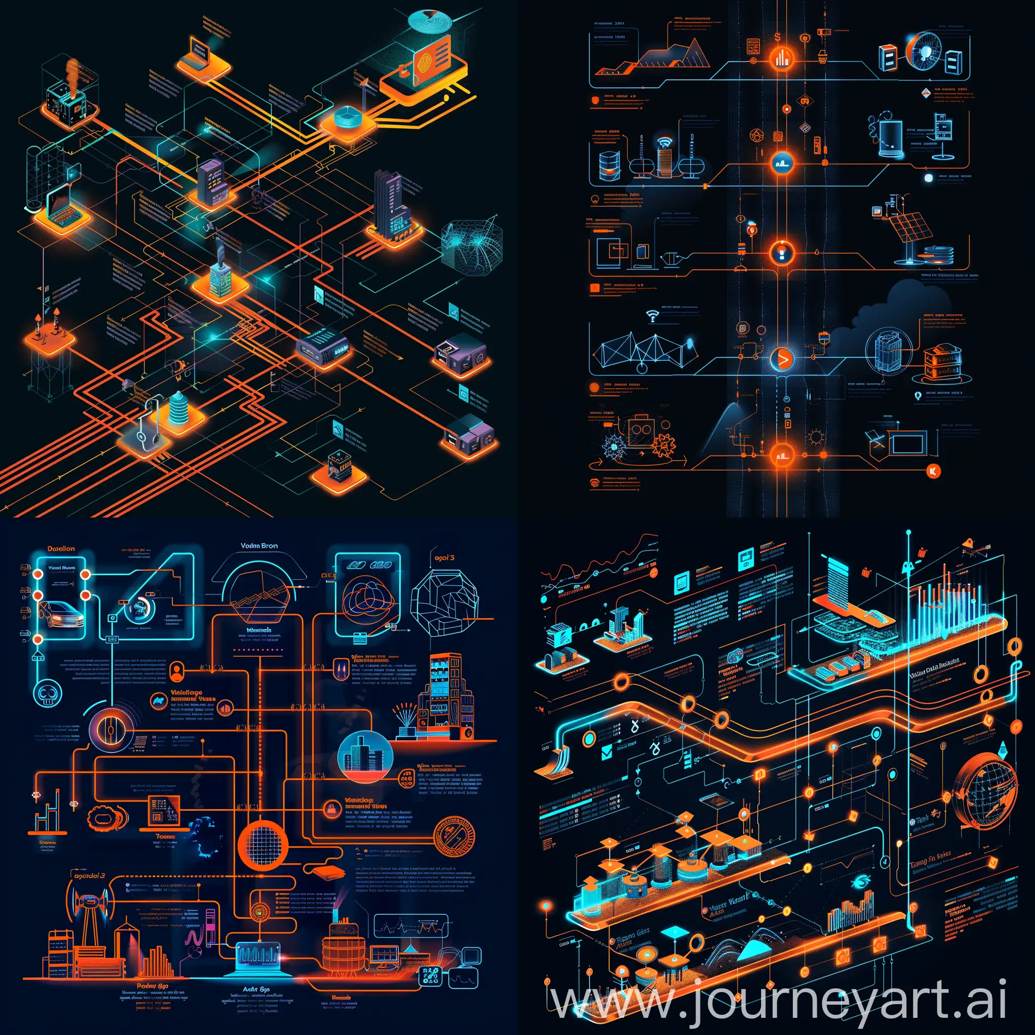 grafico eyebird de 3 niveles relacionando tecnologias e industrias con colores naranjas y azules neon