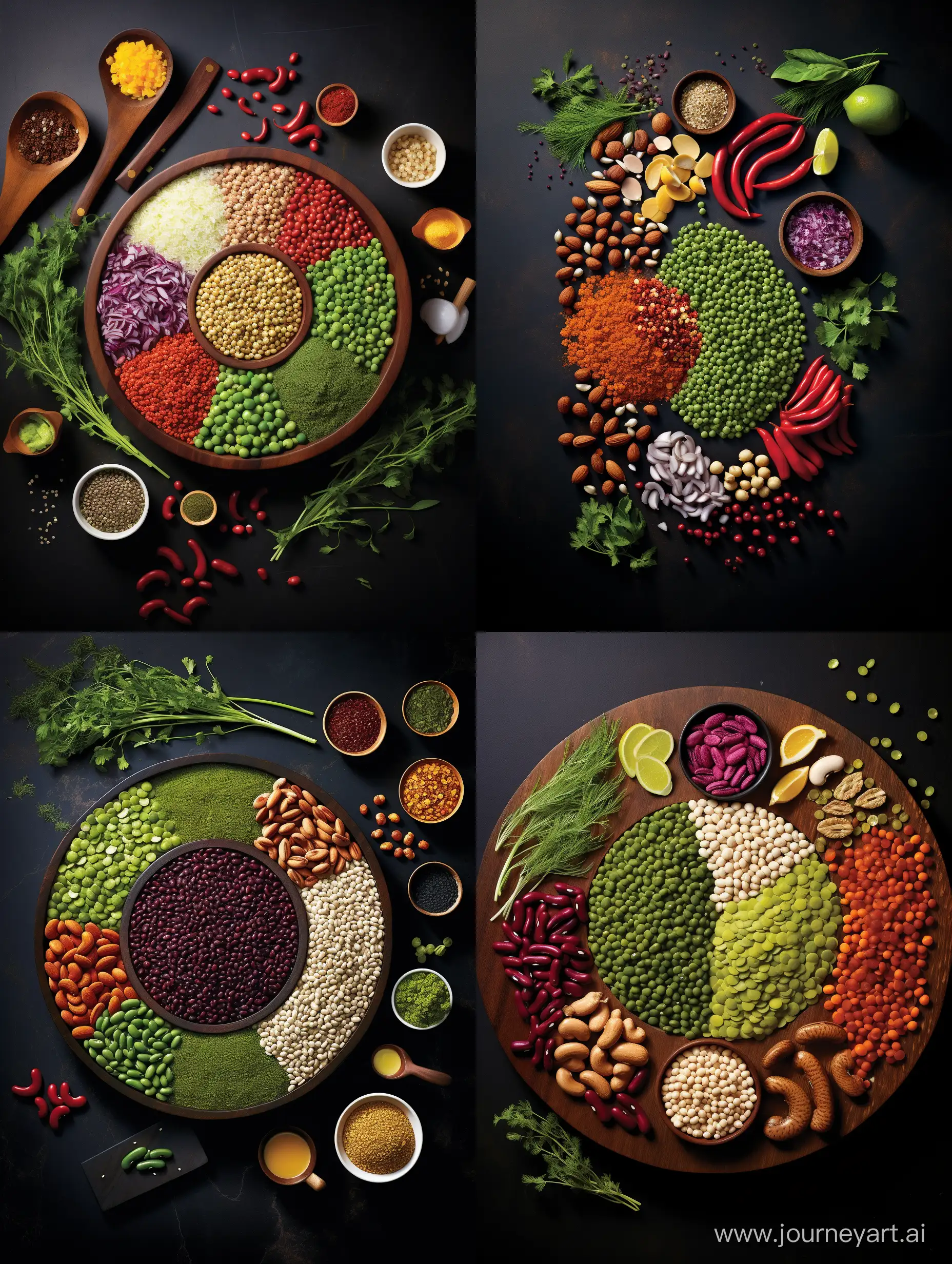 Craft a striking product image displaying a selection of pulses, including Desi chickpeas, Red Speckled kidney beans, Fava beans, Green Mung beans, Light Speckled Kidney beans, and White pea beans. Position the pulses meticulously on a sleek, dark stone surface to contrast their vibrant colors, with a subtle reflection to suggest premium quality. Ensure the lighting is soft yet ample to bring out the textures and natural beauty of the beans, adding depth and dimension to the composition
