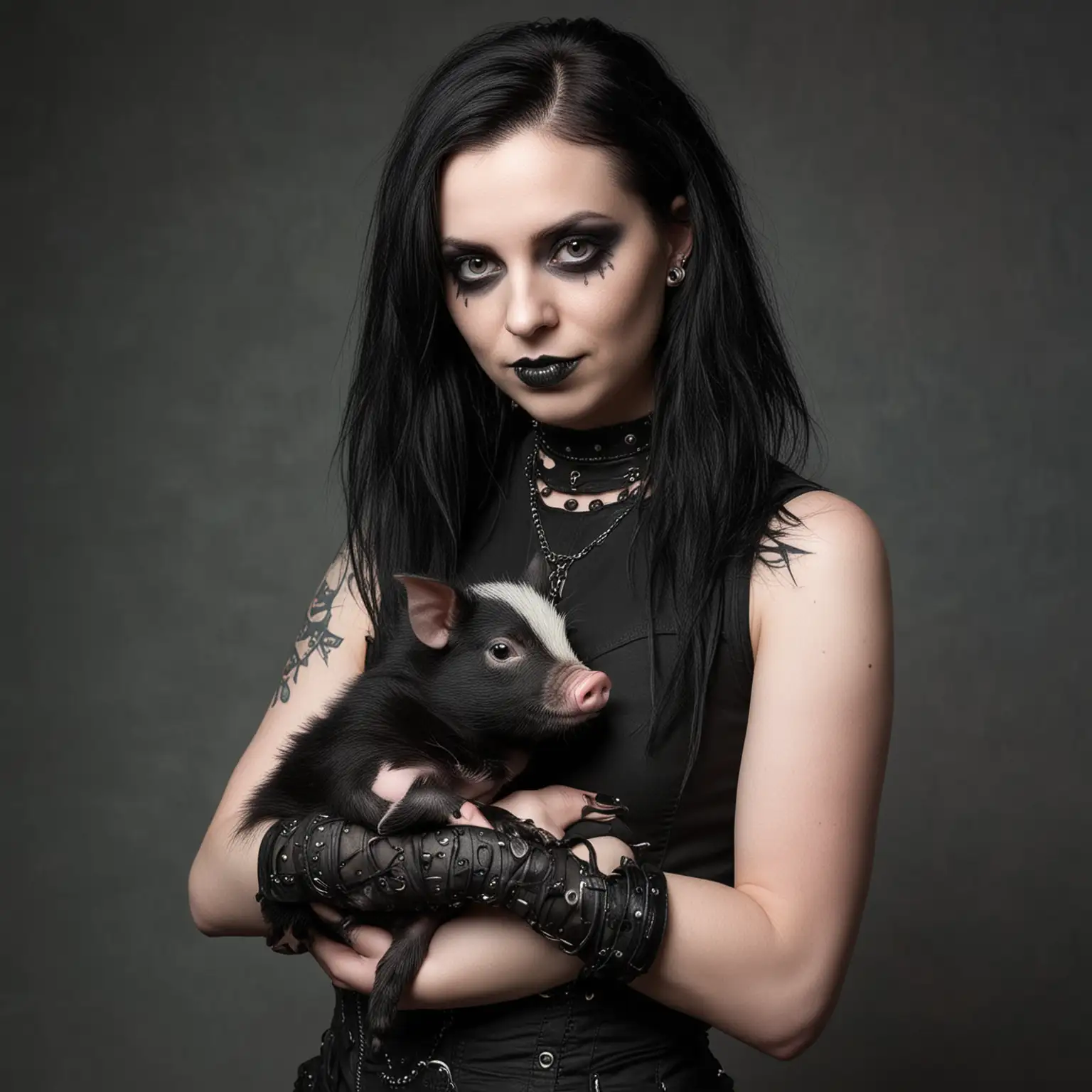 Goth Woman Tenderly Holding a Baby Pig