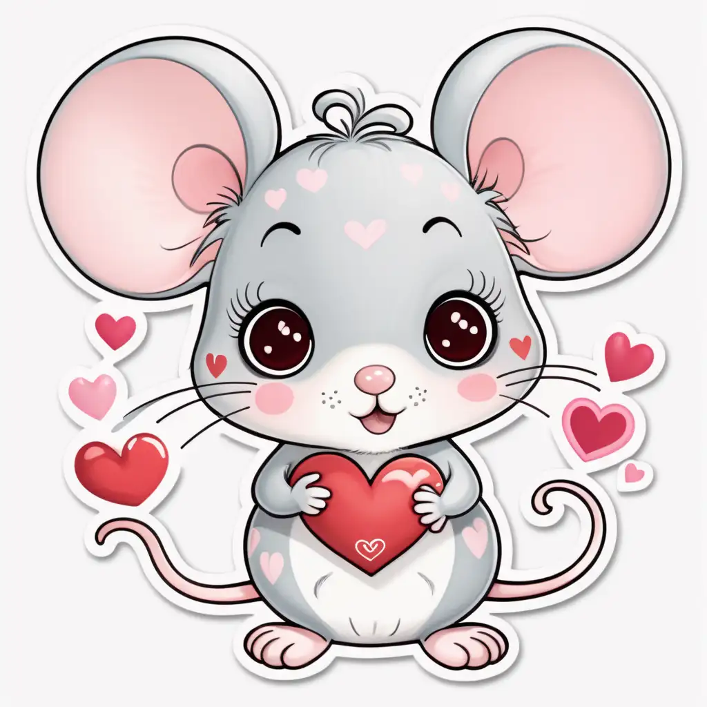 Cute,fairytale,cartoon,whimsical baby mouse, pastel, big eyes, white background, with valentine hearts , sticker, very colorful
