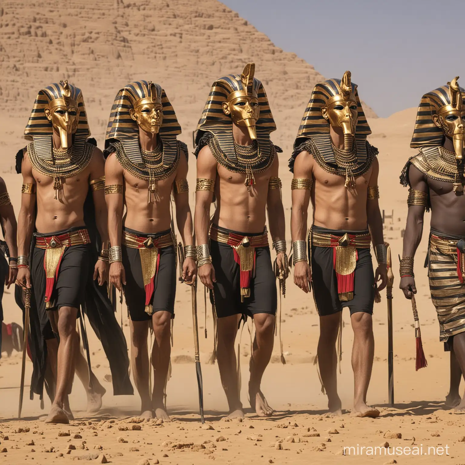 Ancient Egyptian Pharaohs Gathering in Futuristic Metropolis