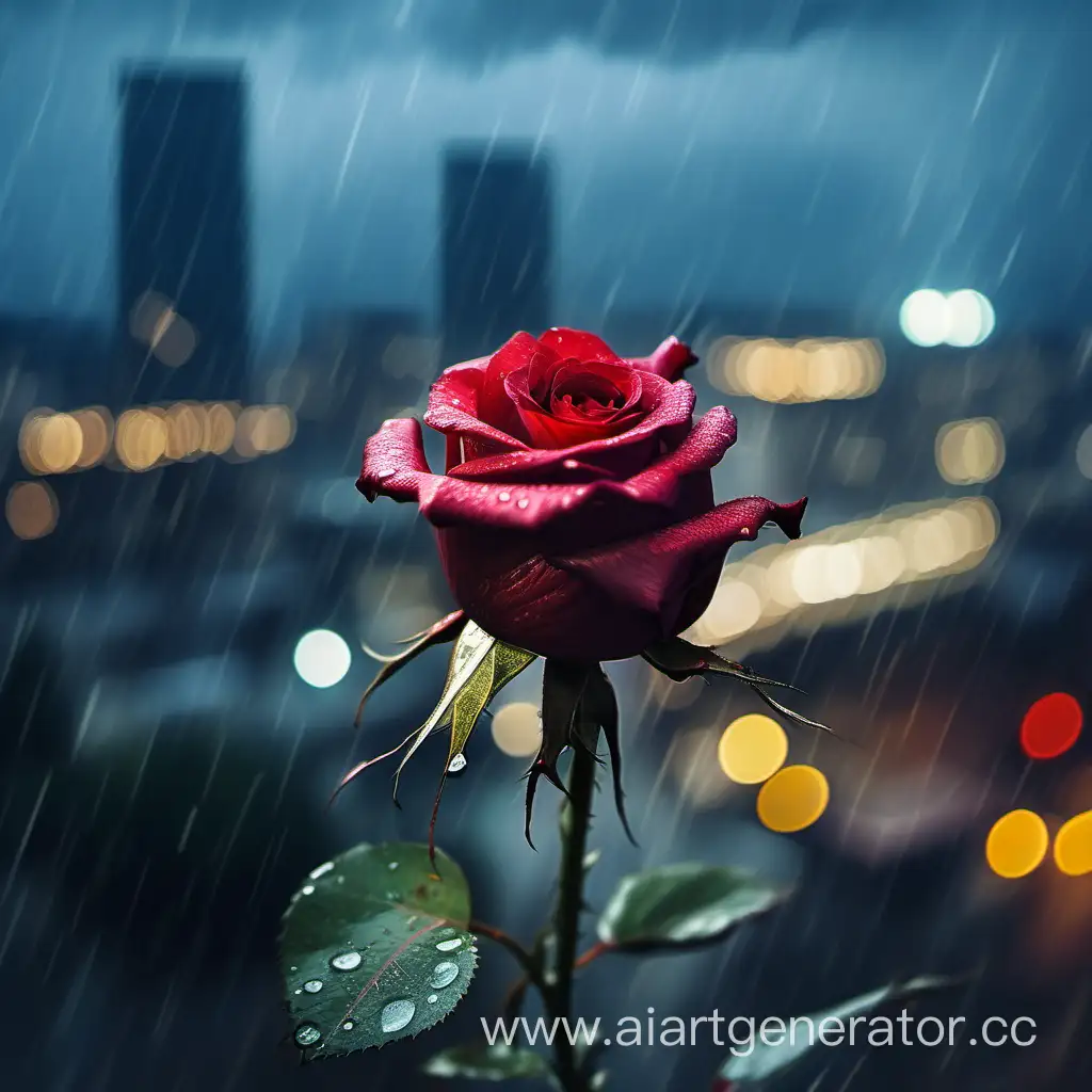 Цветок розы который вянет на фоне размытого фона ночного дождливого города