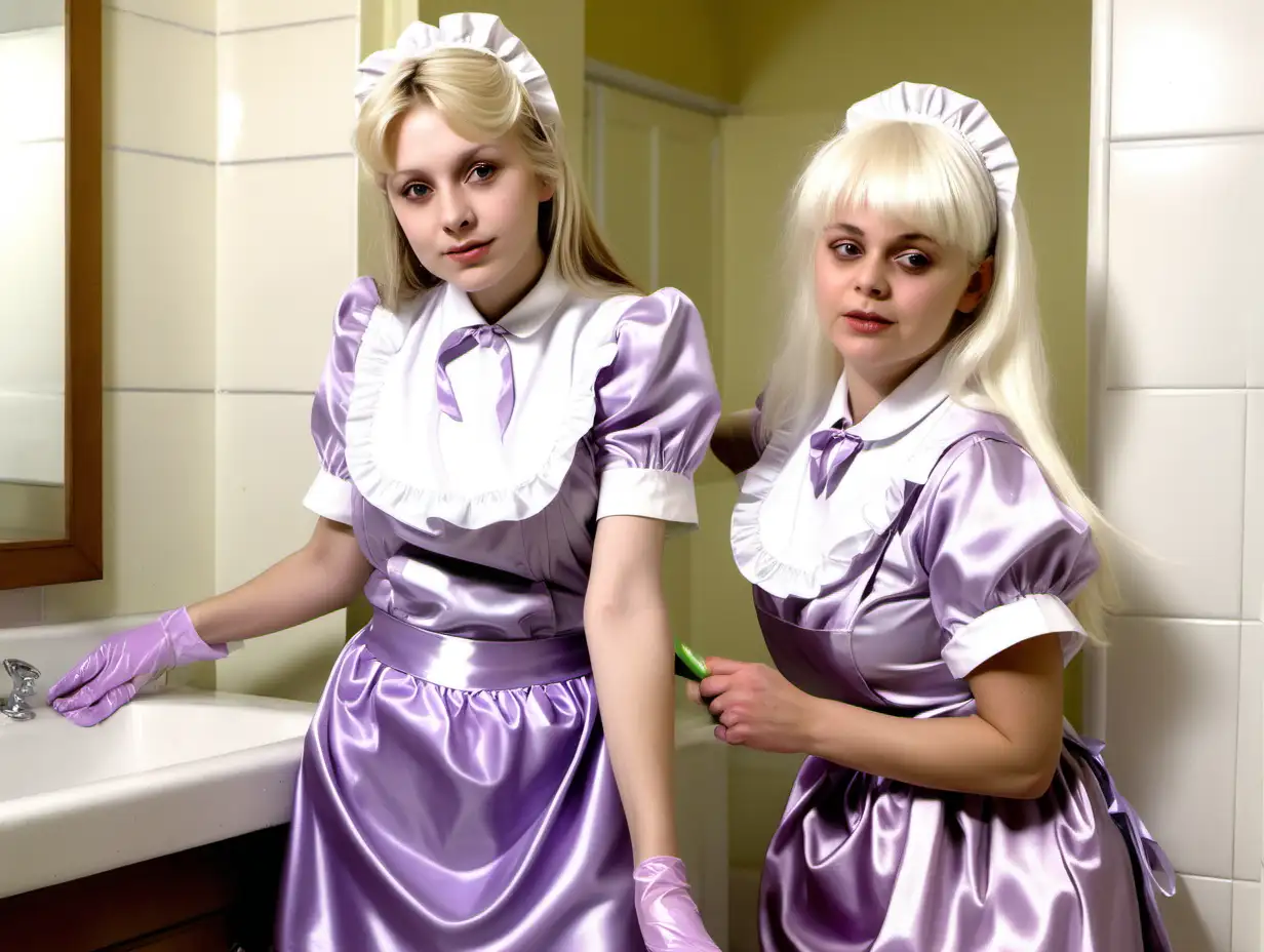 girl in long lila  satin maid uniforms and old mothers blonde hair clean bathroom and kitchen