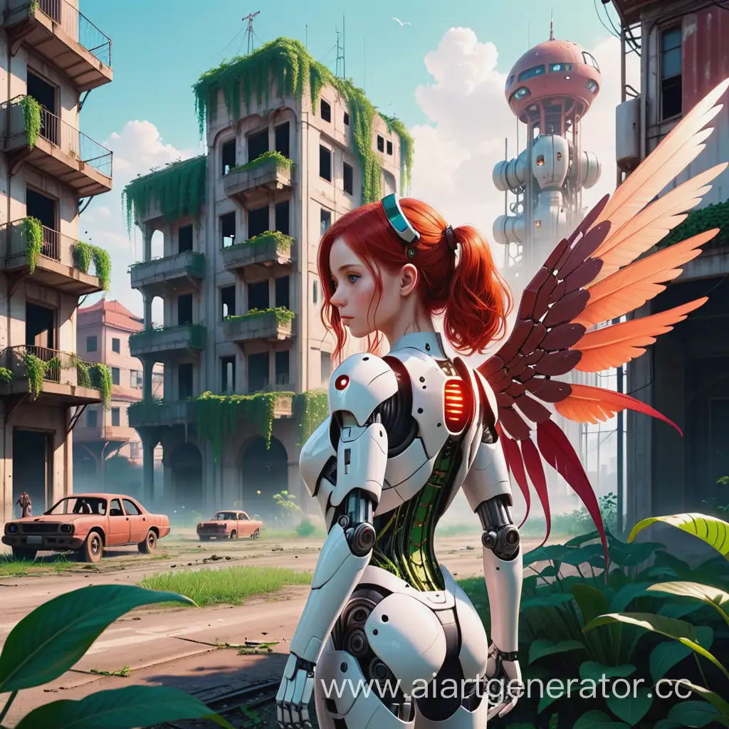 RedHaired-Cyborg-Girl-With-Robotic-Wings-Observing-Natures-Reclamation-of-an-Abandoned-City