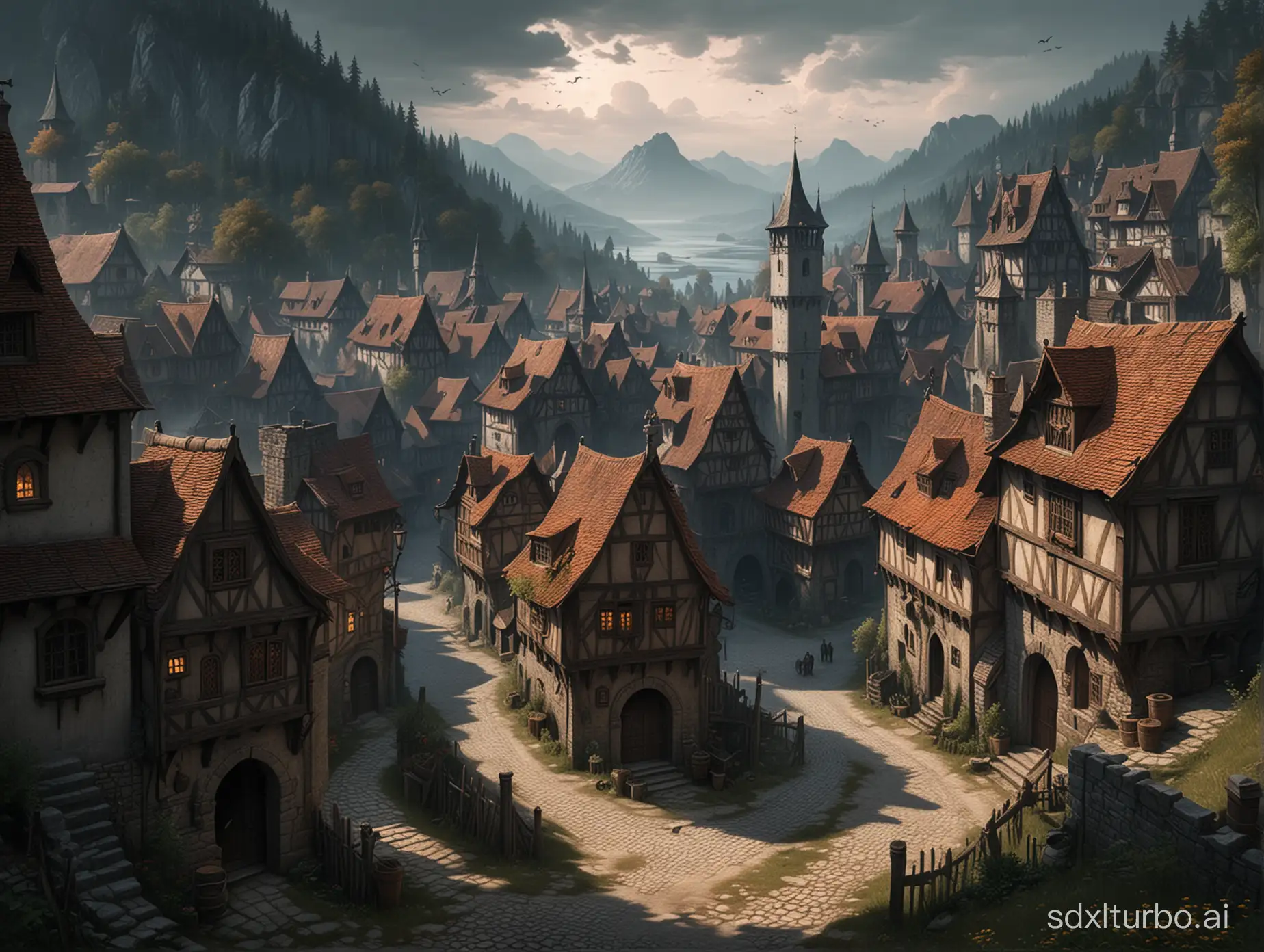 Ravenloft style picture of a medieval village