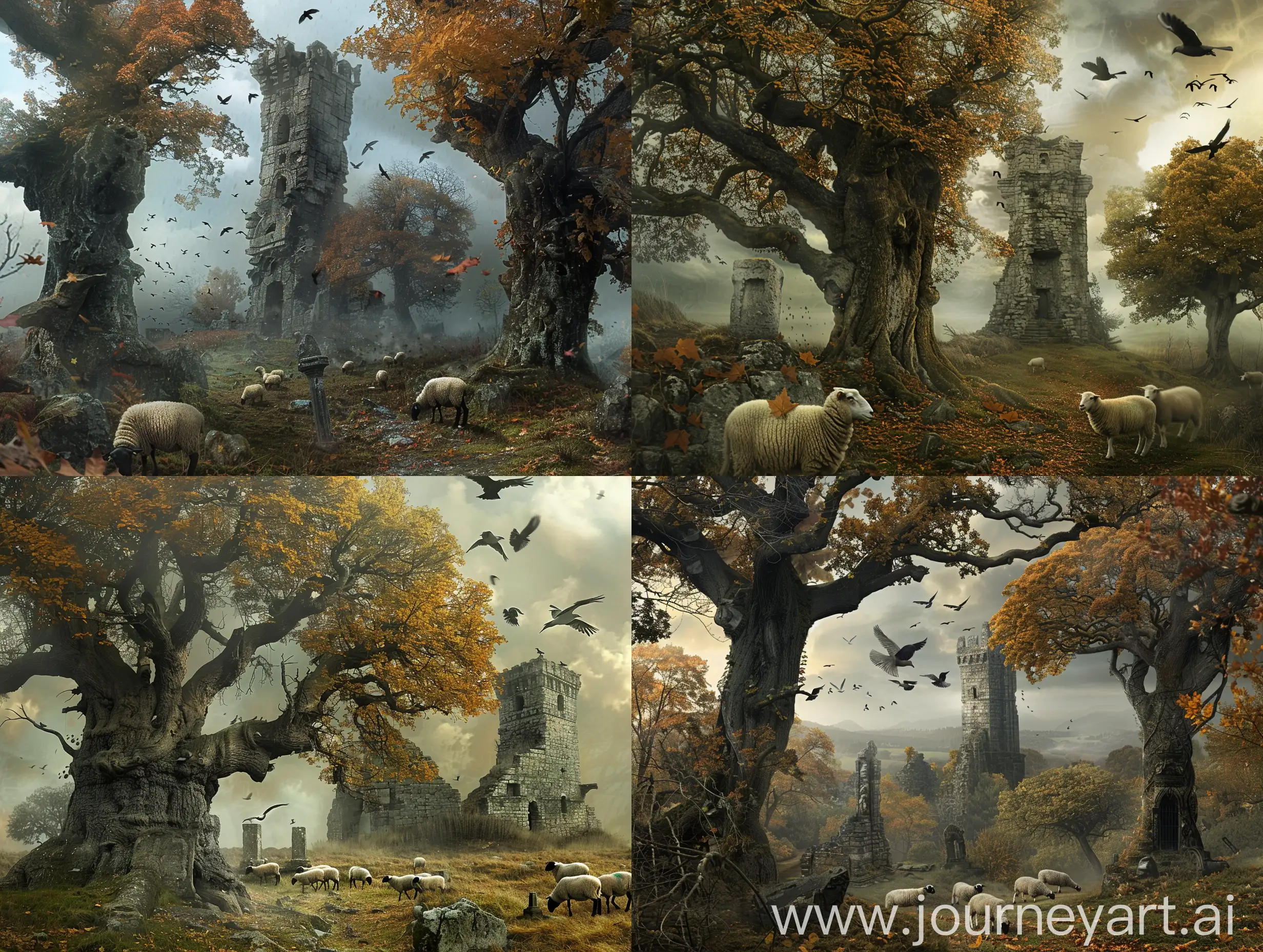  Autumn fantasy landscape, old trees, birds in the sky, moody, ruins of an ancient wizard tower in the distance, flock of sheep, magic stone shrine. 