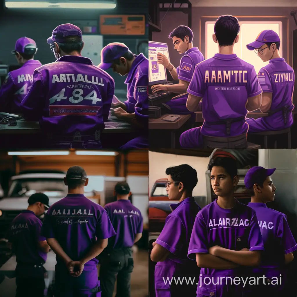 3 mechanics wearing purple uniforms with Altimat Auto Garage written on the shirt are repairing cars in a workshop with a sign that says Altimat Auto Garage, spec canon dslr