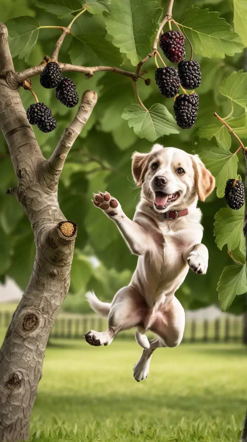 Energetic Dog Leaping for Mulberries in a Vibrant Orchard