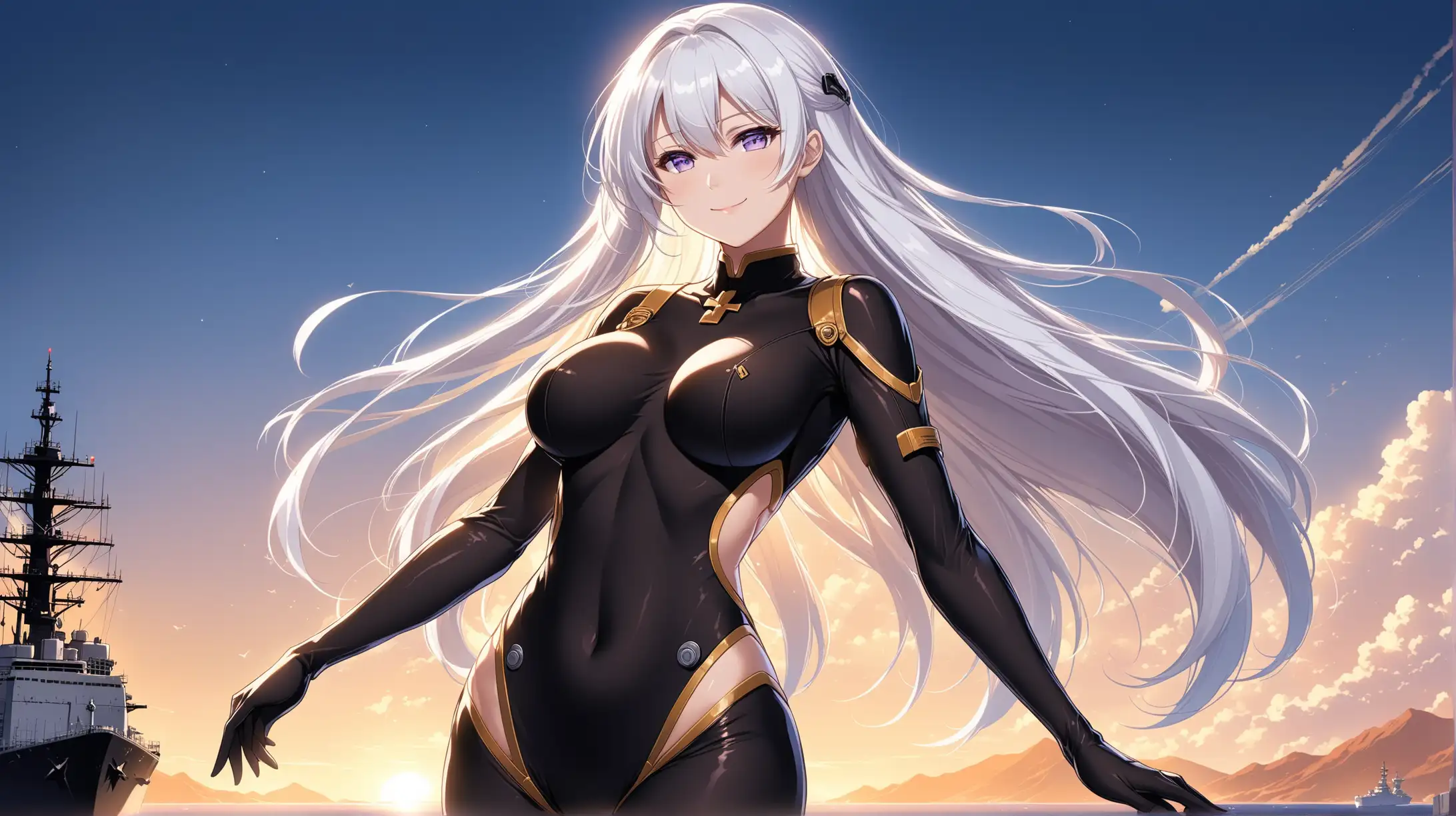 Draw the character Enterprise from Azur Lane, pale violet eyes, white hair, high quality, ambient lighting, long shot, outdoors, seductive pose, bodysuit, smiling