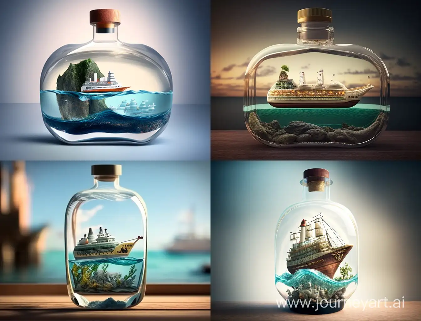 Contemporary-Cruise-Ship-Encased-in-a-Glass-Bottle-Art