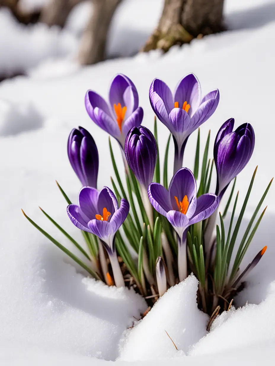 Vibrant Crocuses Emerging from Snowy Landscape