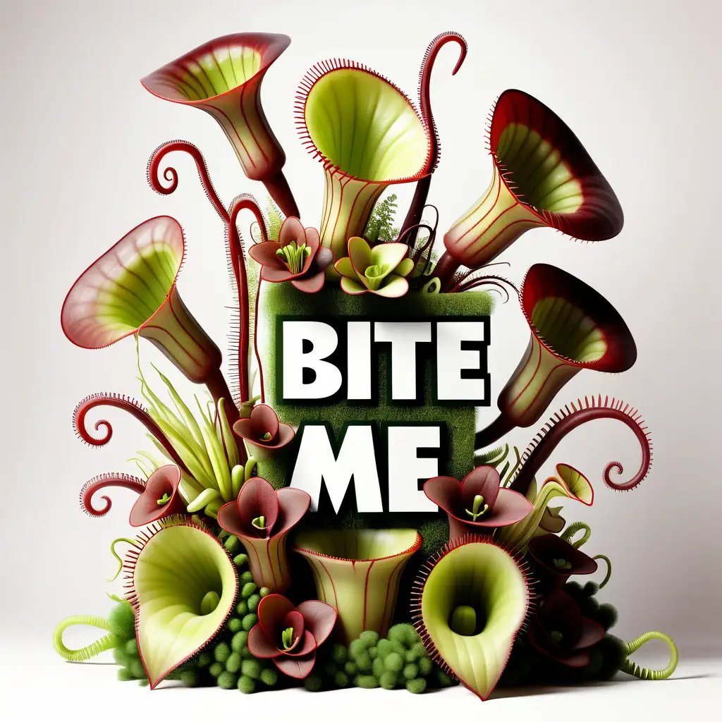 A carnivorous plant floral arrangement surrounding the words "bite me" spelled correctly with no background 