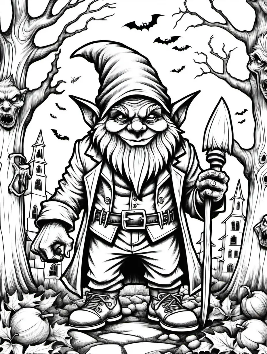 adult coloring page, halloween gnome dressed as werewolf,  gnome frankenstein, gnome vampire, thick lines, low detail, no shading