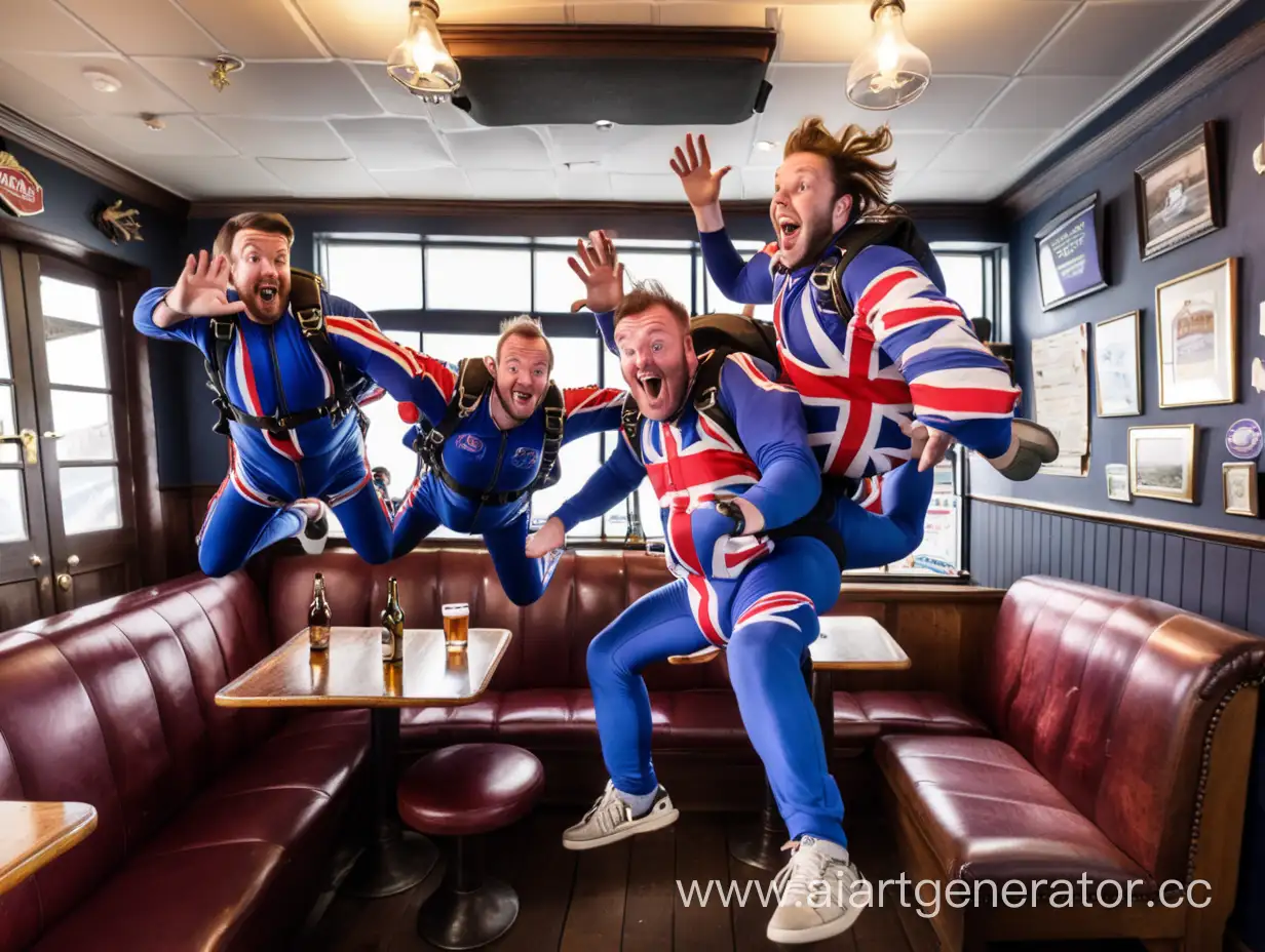 British people skydiving out of the pub