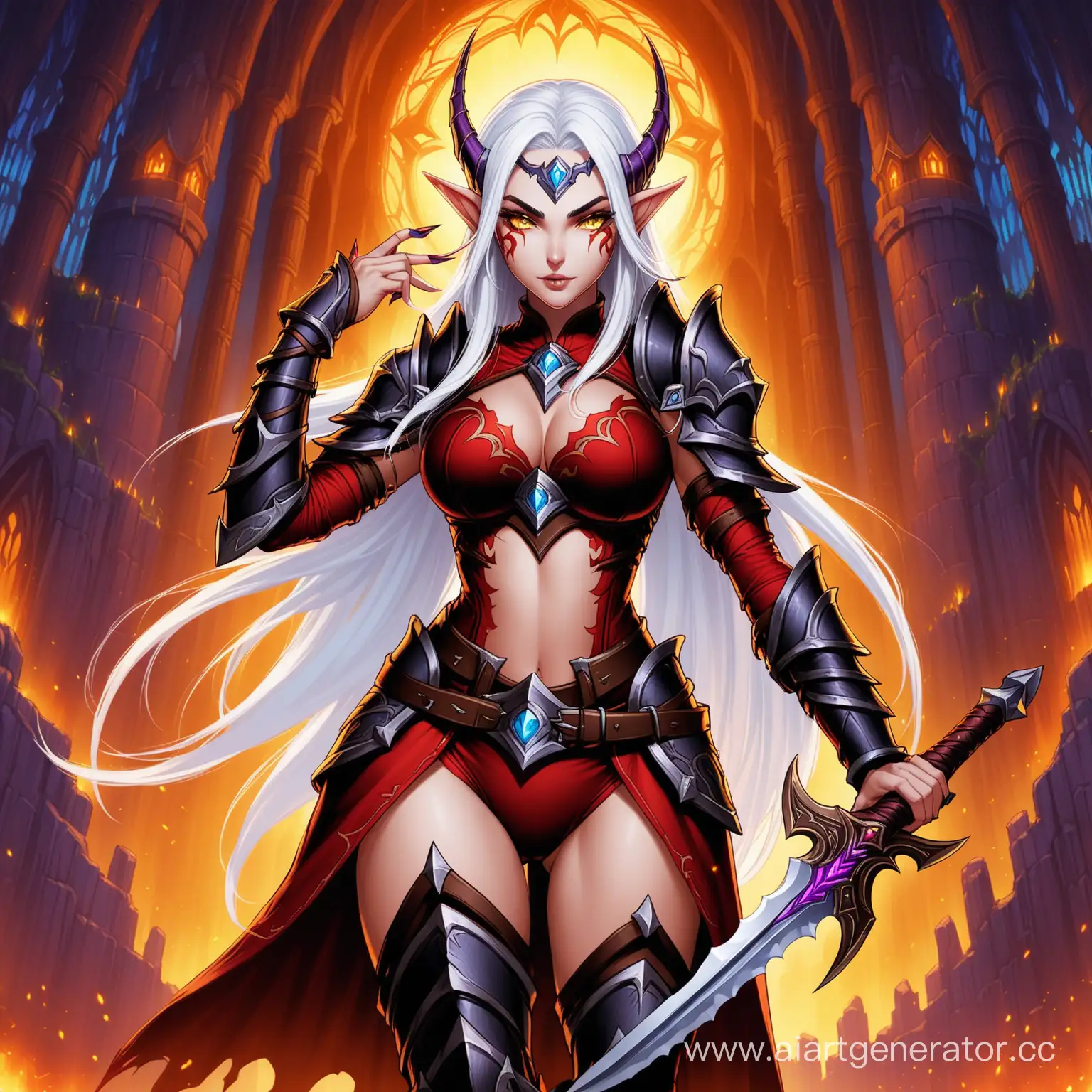 Warcraft night elf woman, long white hair, yellow eyes, red tattoos on her face, dressed as a rogue in dark leather armor with red underwear she's holding a big beautiful dagger in each hand