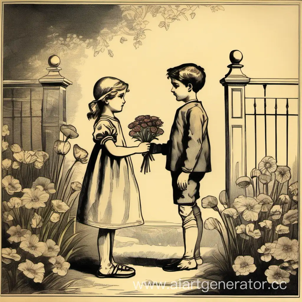 Мальчик стоит напротив девочки и дарит ей цветов, арт, принт