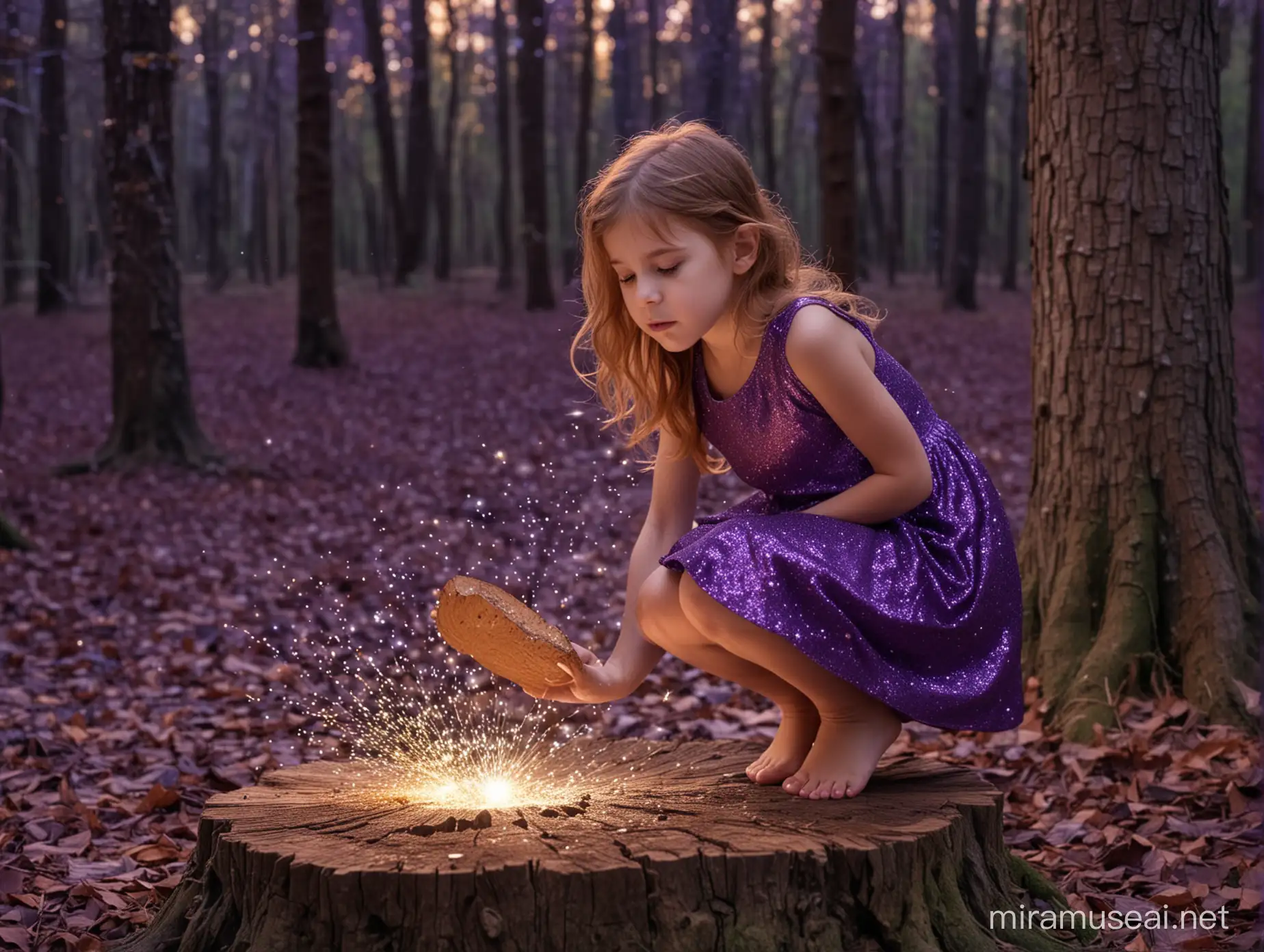 petite fille cheveux chatain accroupie dans une forêt magique avec des paillettes qui volent. Elle porte une robe violette sans manche. Elle regarde dans une souche. La nuit est lunineuse.