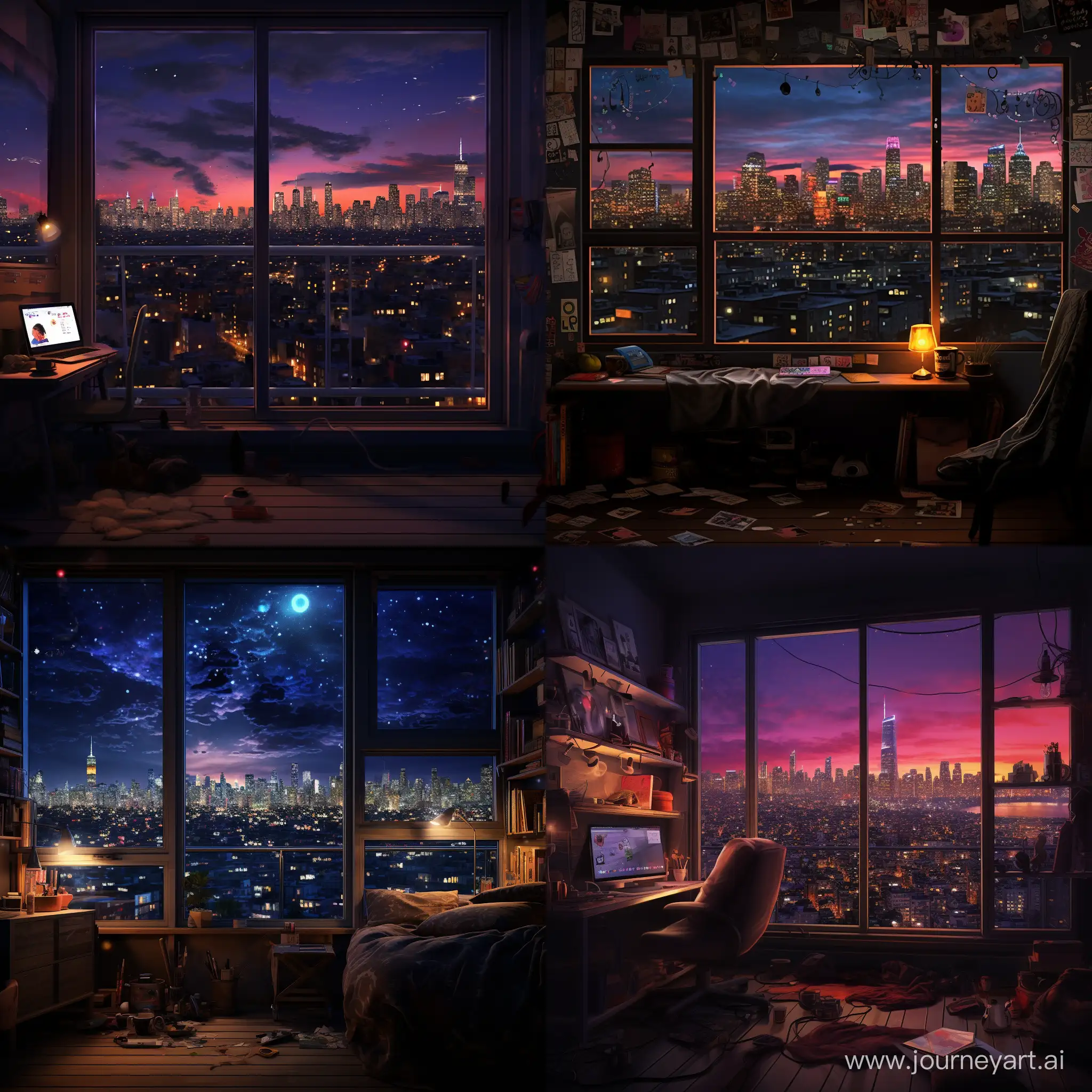 hacker apartment,  window showing city lights, digital art