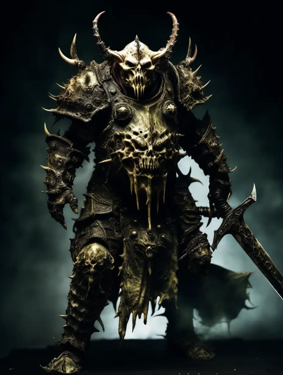 Full body image of a male Nurgle psyker wearing carapace armor made of skin. 
Wielding a sword.
Black background in image.