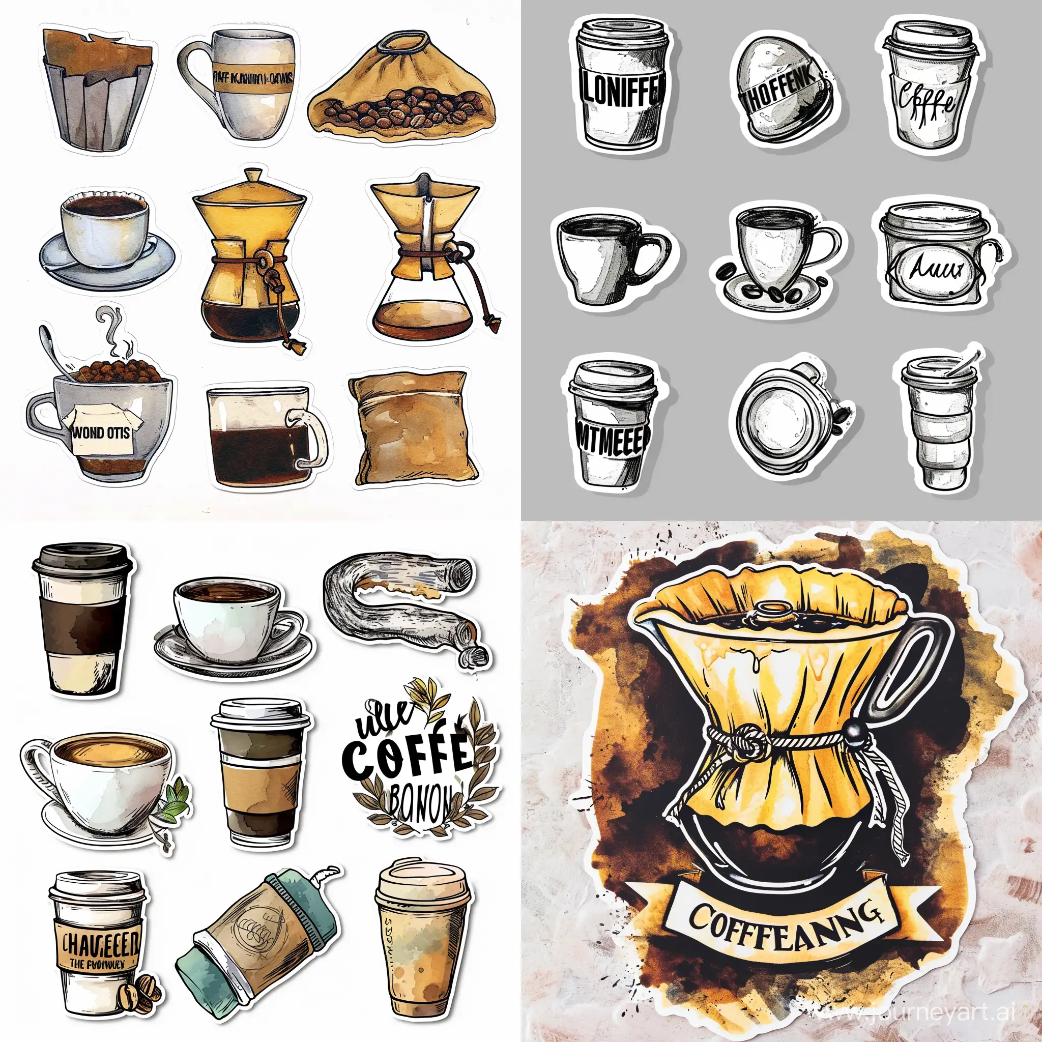 Sticker collection about logo coffee band water color , mono outline