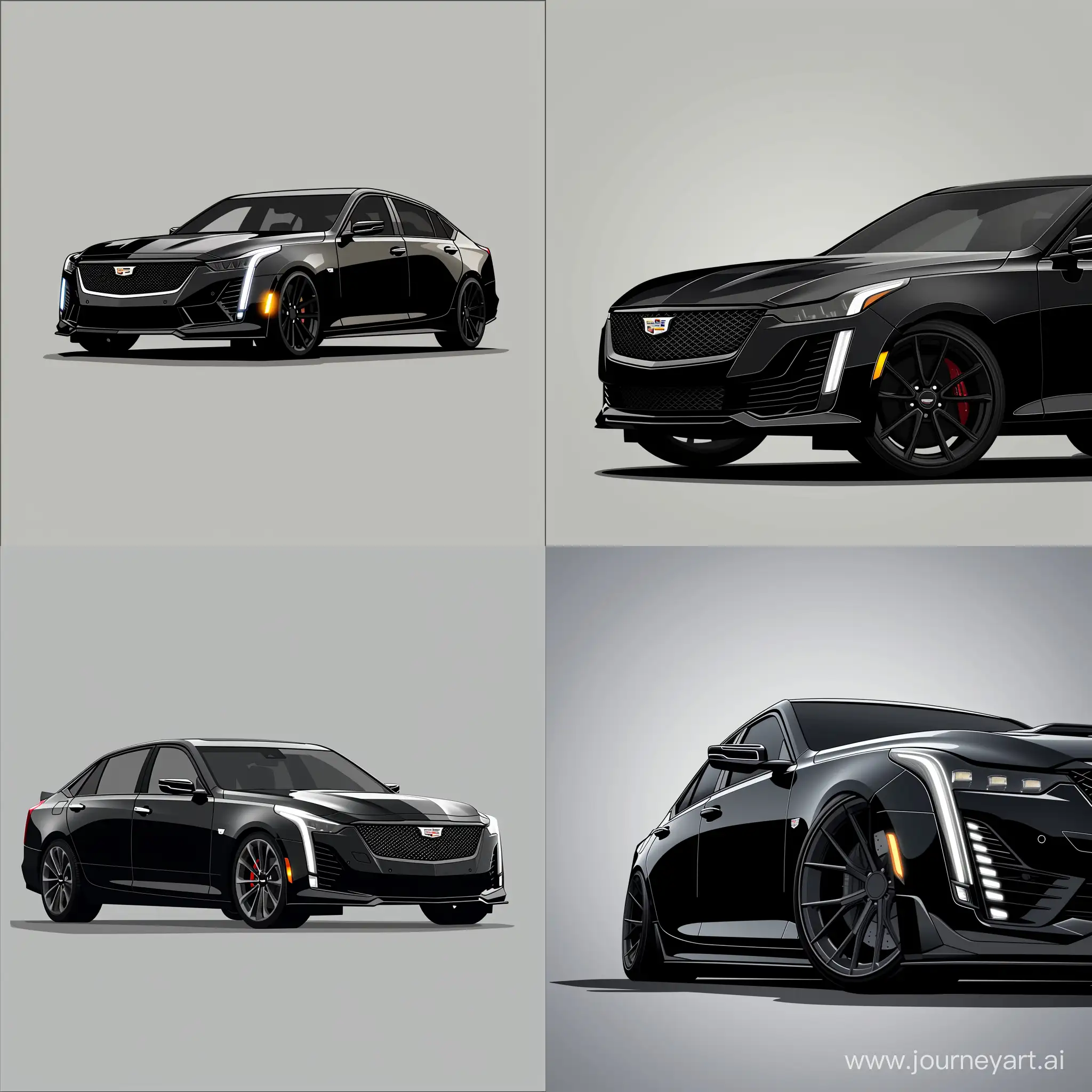 Minimalism 2D Car 2/3 View Illustration of: Black Cadillac CT5, Simple Gray Background, Car LED on, Adobe Illustrator Software, High Precision