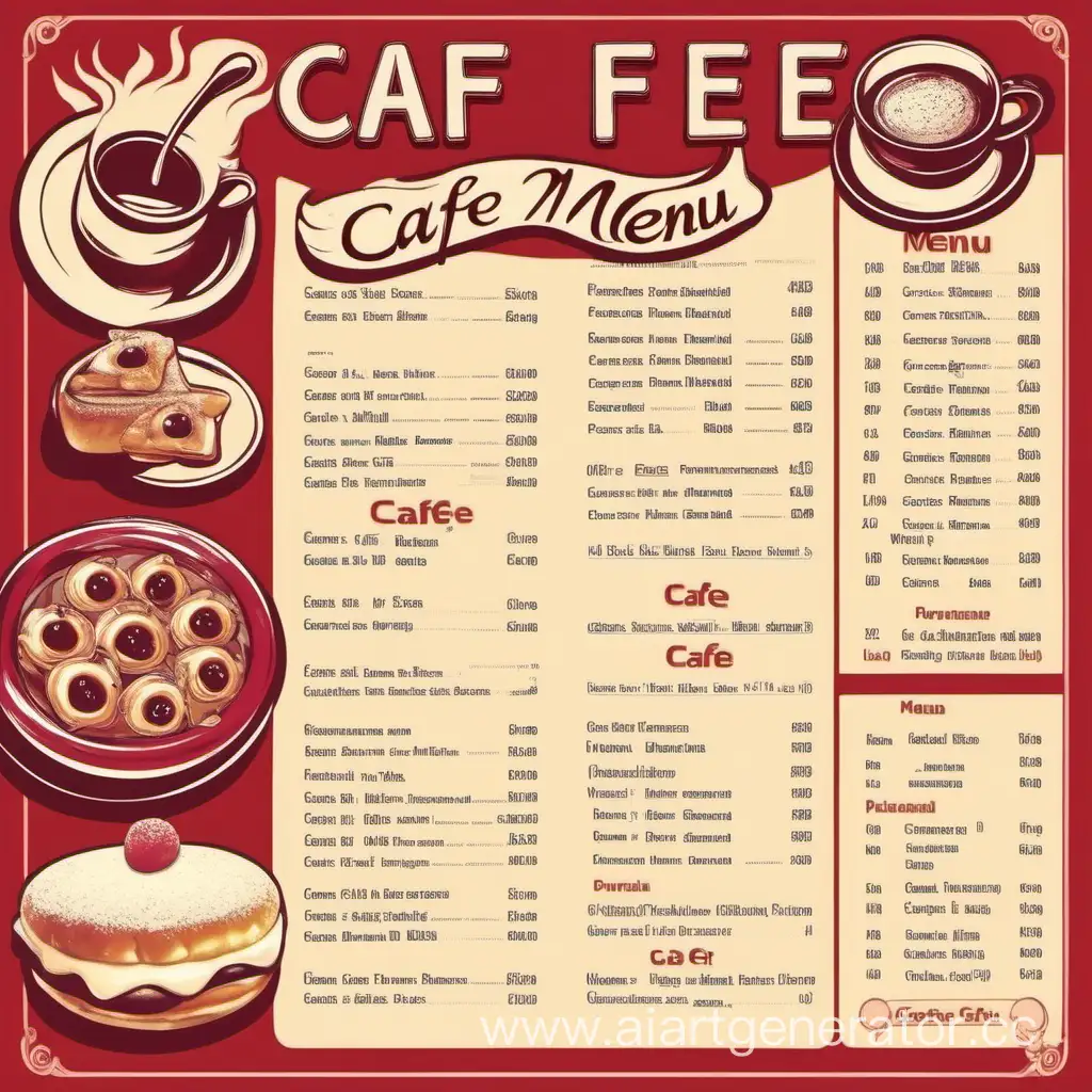 Generate an image of the cafe menu. It should be made in black and red colors. There should be tires, cars and pomeranians on the menu