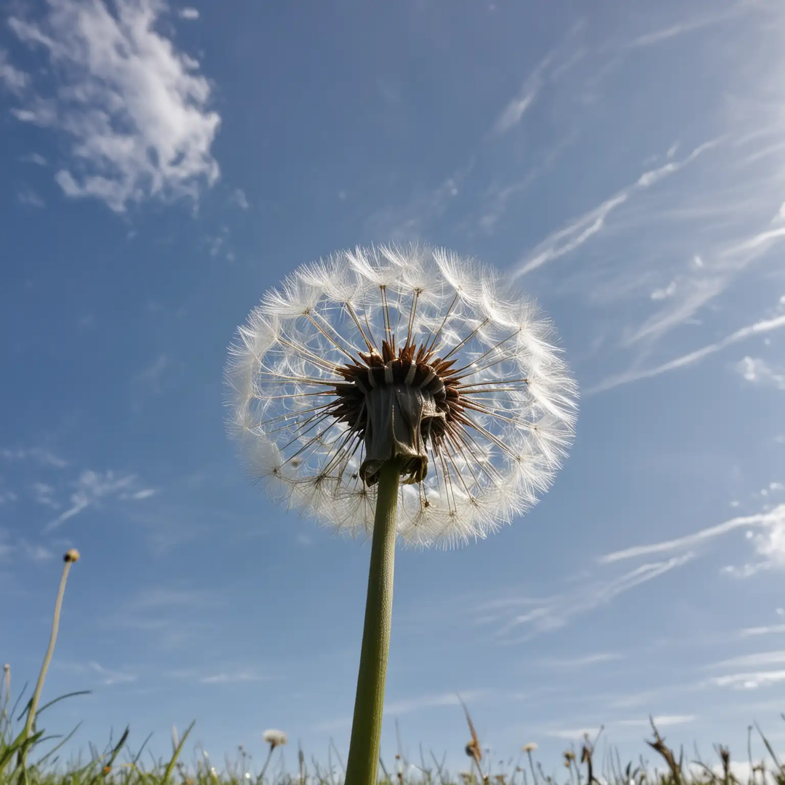 Gazing at Partially Cloudy Sky through Puffy Dandelion from Grass
