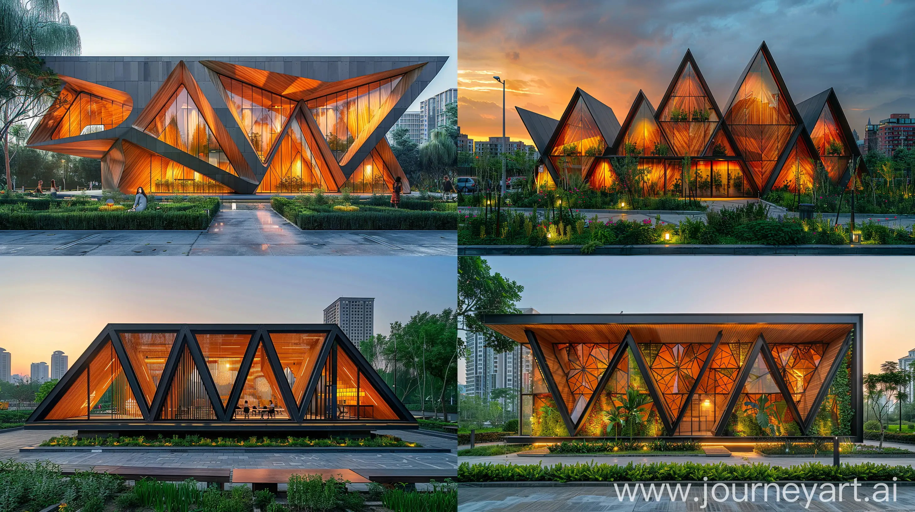 contemporary student pavillon, fluid kinetic facade with triangular wooden panels, plaza in a urban landscape with greenery, ground-shot view at sunset --ar 16:9 --chaos 0 --stylize 500  