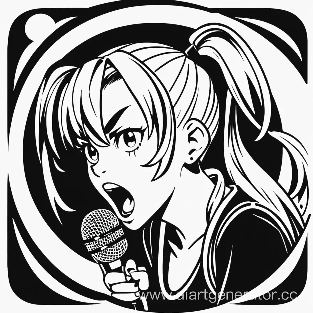 Black-White, Logo, Circle, angry Girl with Ponytails, Blonde Hair, Singing into the microphone