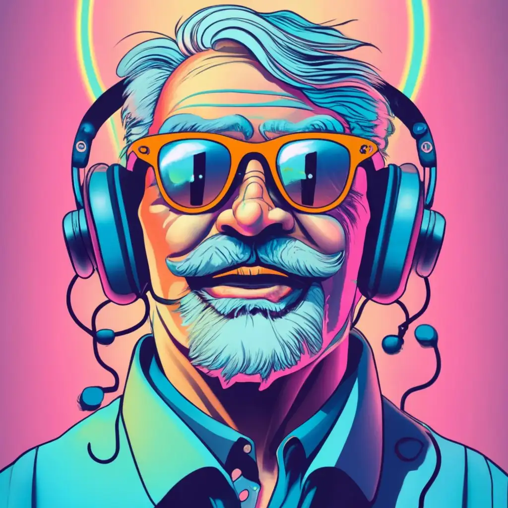 logo, grandpa with Fade Haircut  wearing headphones sunglasses ,pink and blue neon ,white background , with the text "Techies ", typography, be used in Retail industry