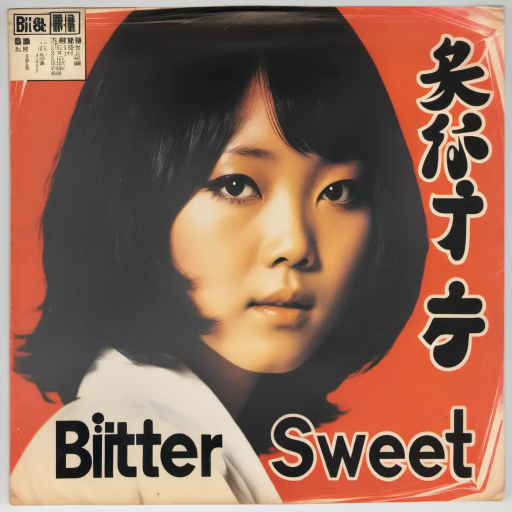 record sleeve for 1970s female Japanese pop singer, with fashionable portrait of girl, song is called “Bitter-Sweet”, company logo and markings, worn condition