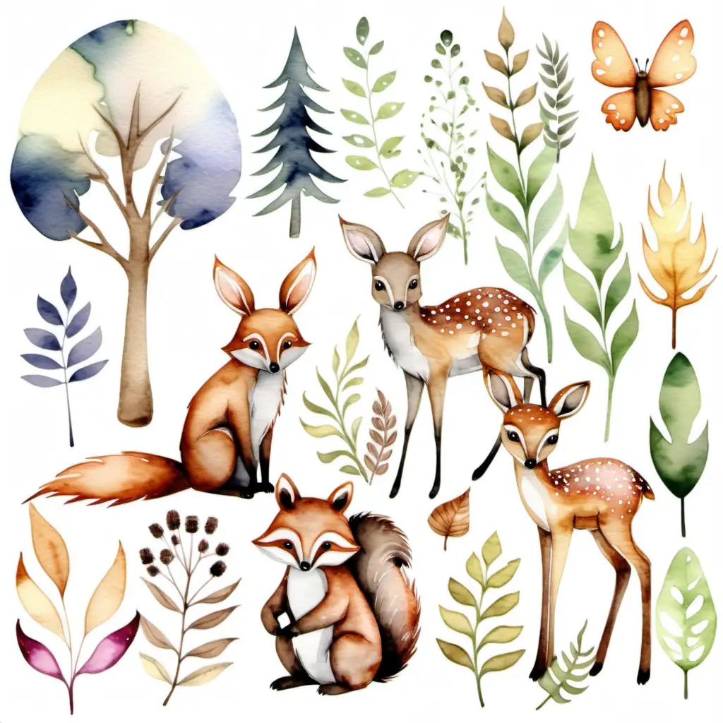 watercolour boho woodland forest clipart, isolated background, suitable for a nursery