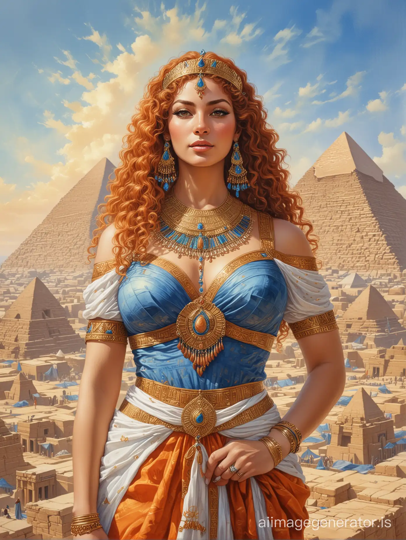 Egyptian queen, high detail, plump middle-aged woman, full height, large hips, round face, orange curly long hair, blue sky, beautiful luxury royal dress,  diadem, jewelry, gold, blue, Egyptian pyramids in the background, oil painting, watercolor, colored ink