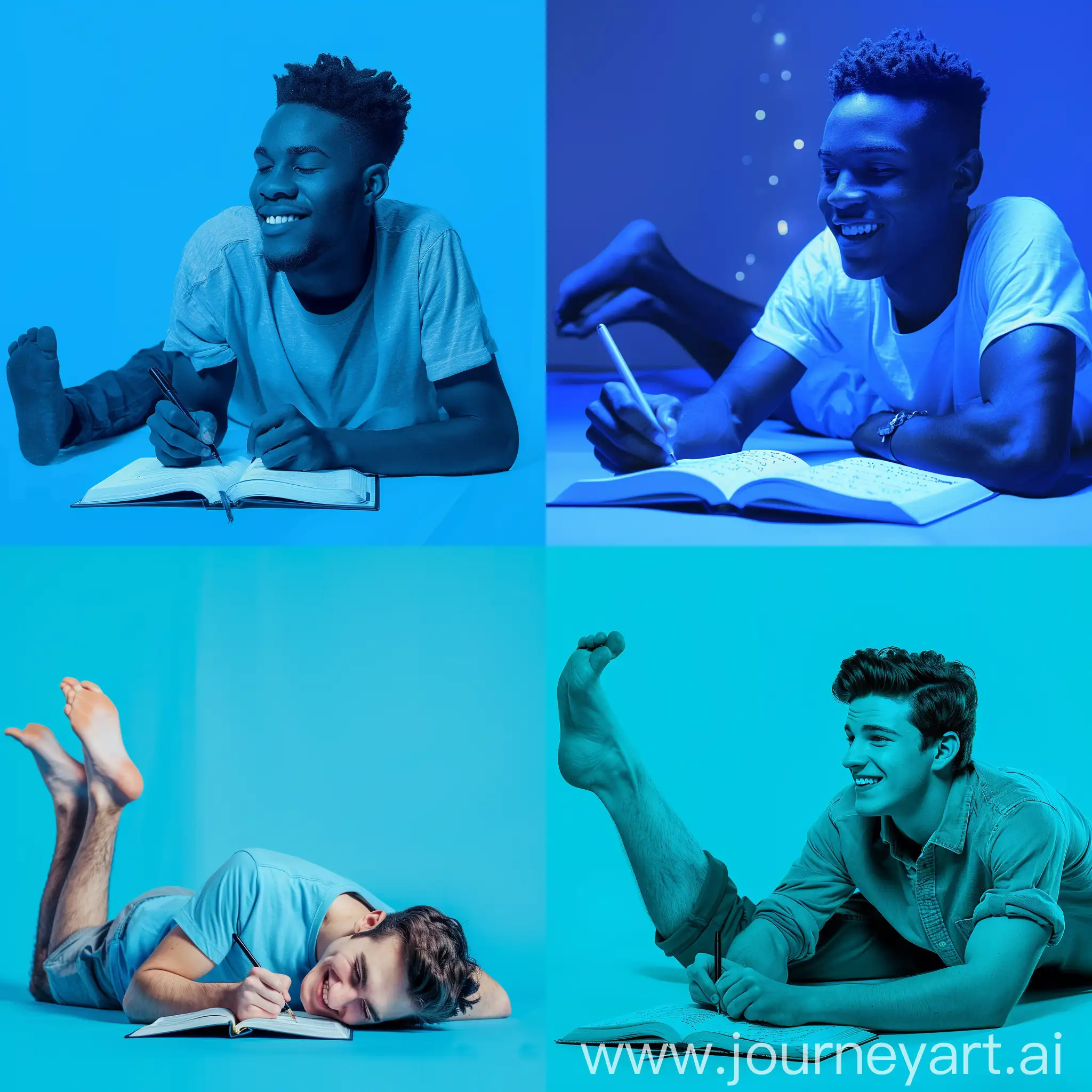 Smiling-Young-Man-Writing-in-Blue-Book-with-Feet-Raised